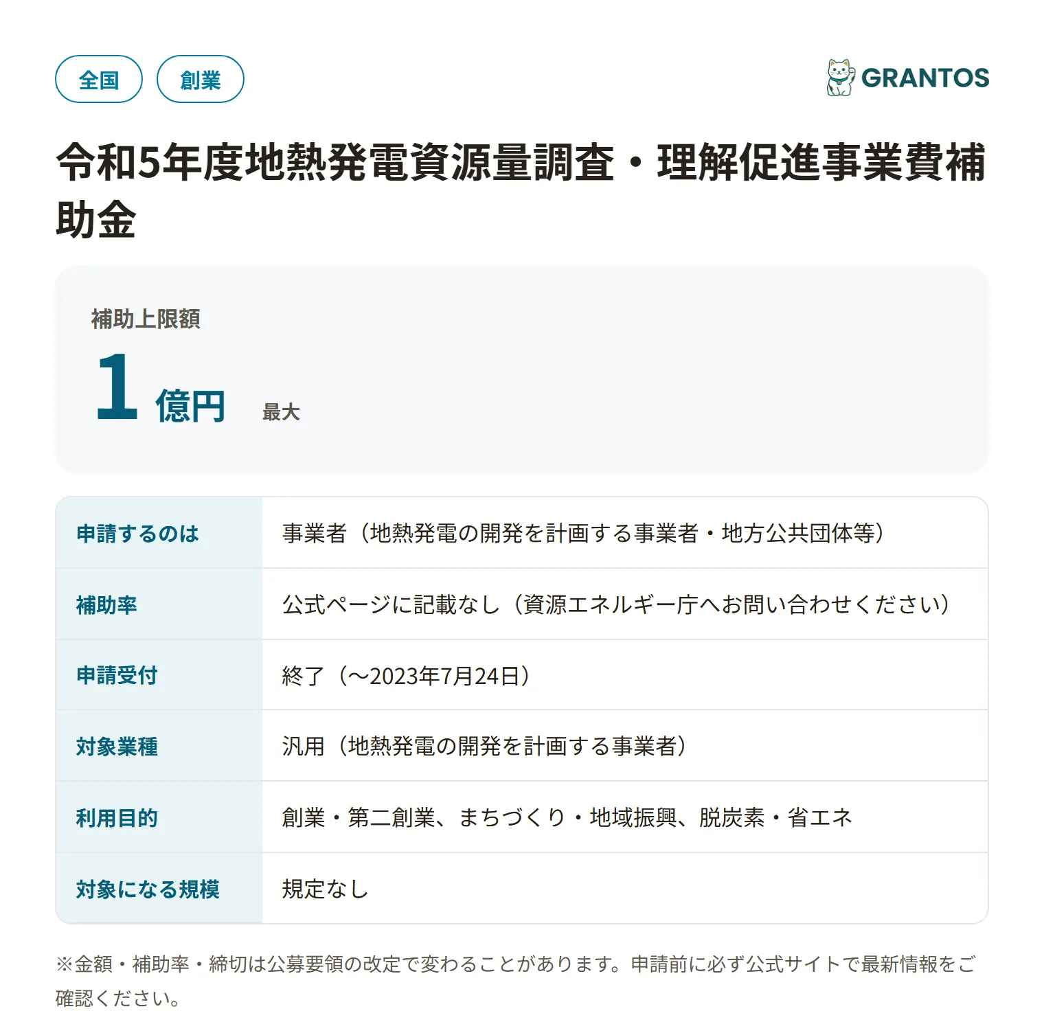 地熱発電資源量調査・理解促進事業費補助金（理解促進事業・令和5年度第1次公募）の対象・金額・締切の概要