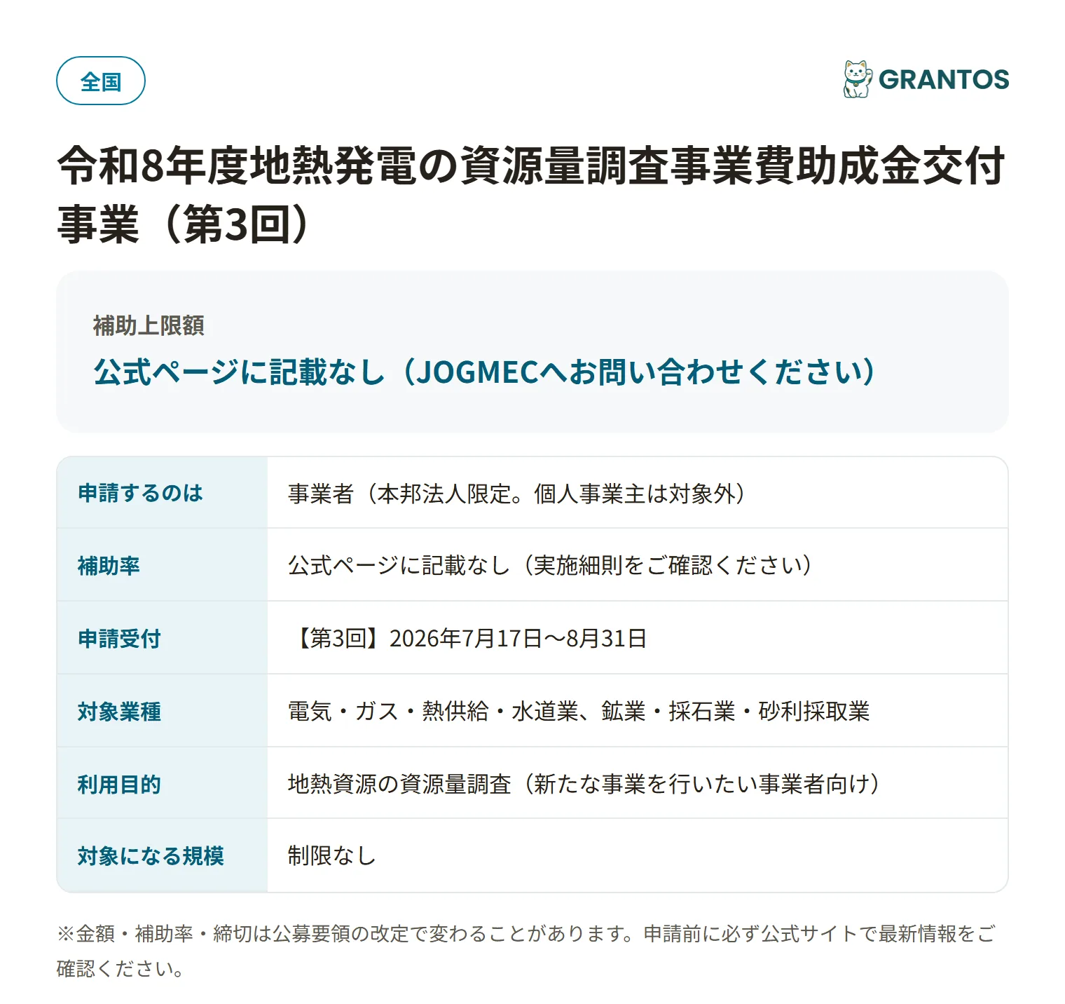 令和8年度地熱発電の資源量調査事業費助成金交付事業の対象・金額・締切の概要
