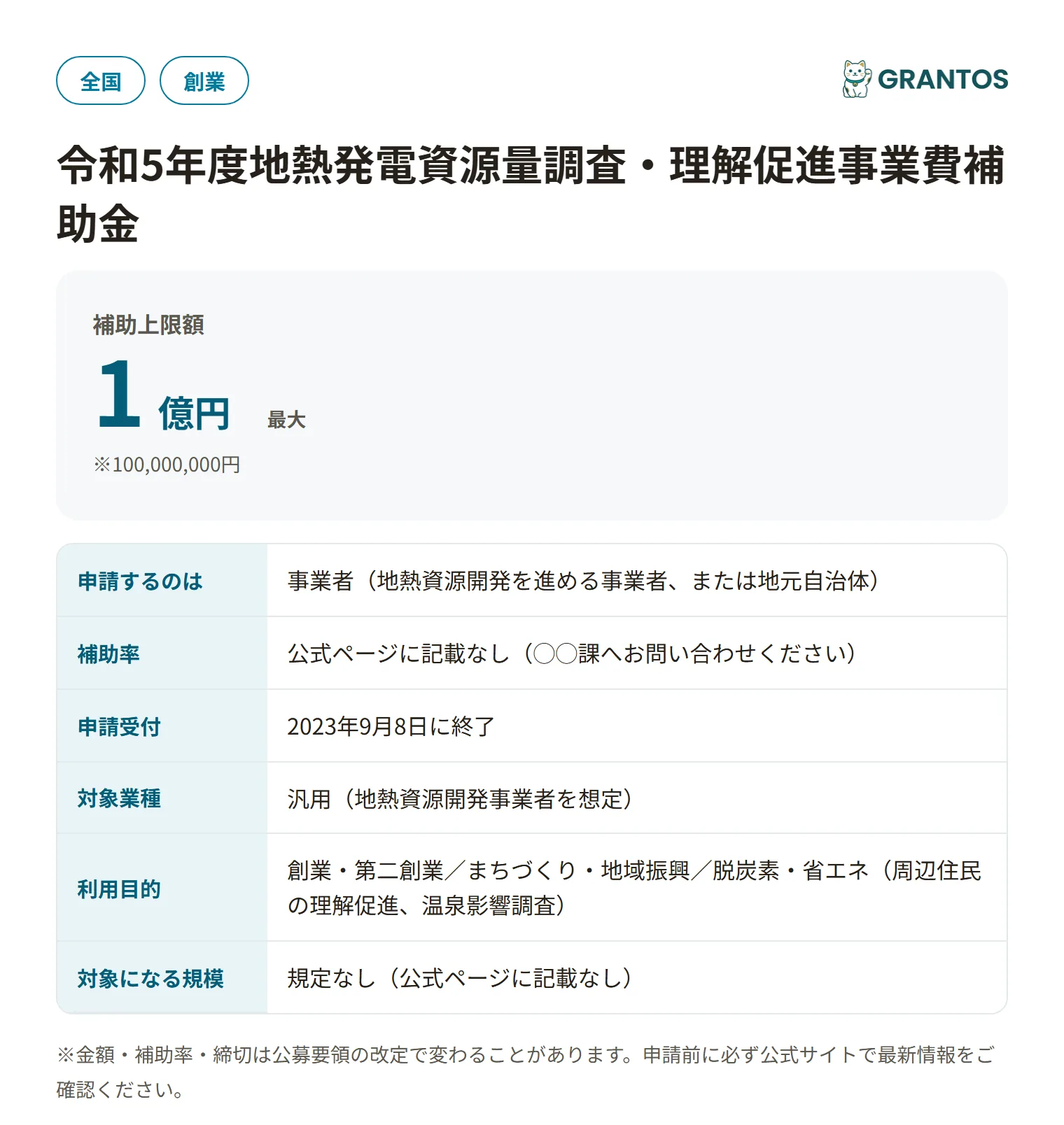 地熱発電資源量調査・理解促進事業費補助金の対象・金額・締切の概要