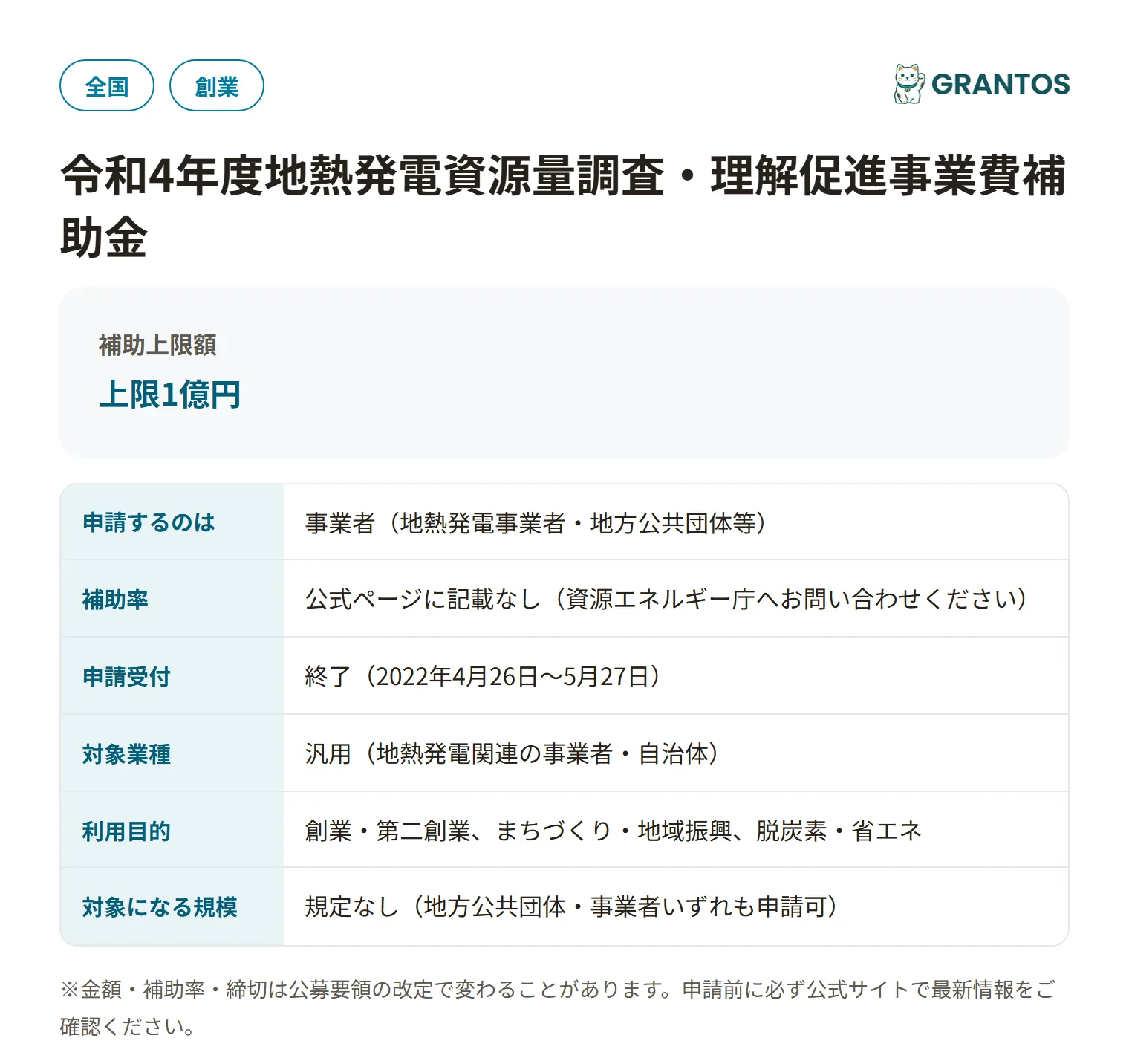 地熱発電資源量調査・理解促進事業費補助金の対象・金額・締切の概要