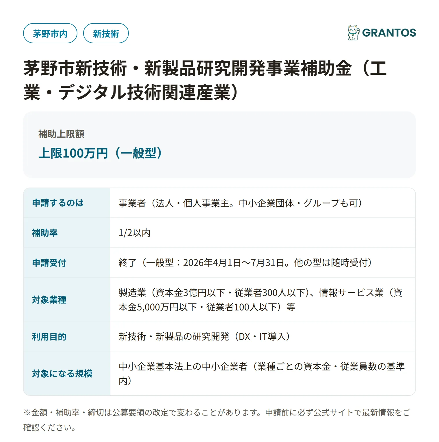 茅野市新技術・新製品研究開発事業補助金の対象・金額・締切の概要