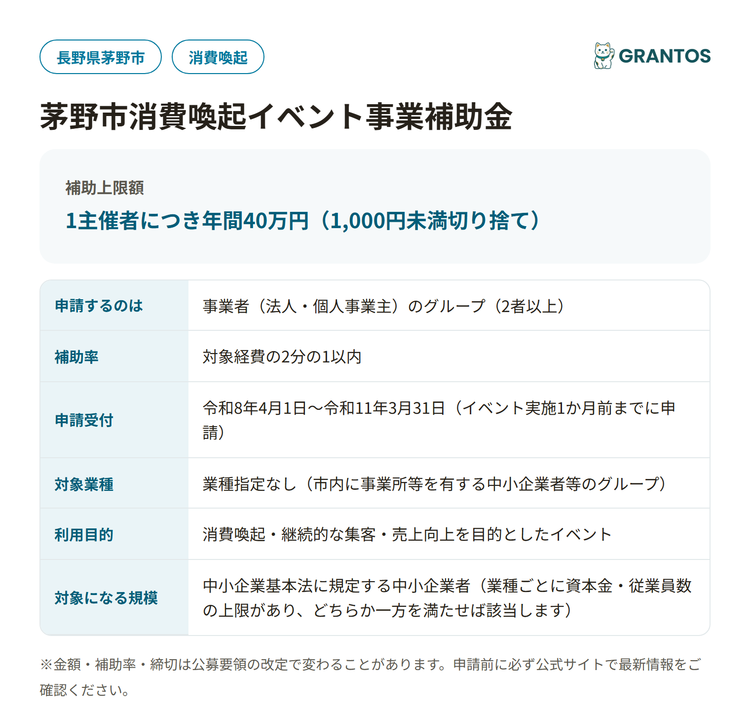 茅野市消費喚起イベント事業補助金の対象・金額・締切の概要