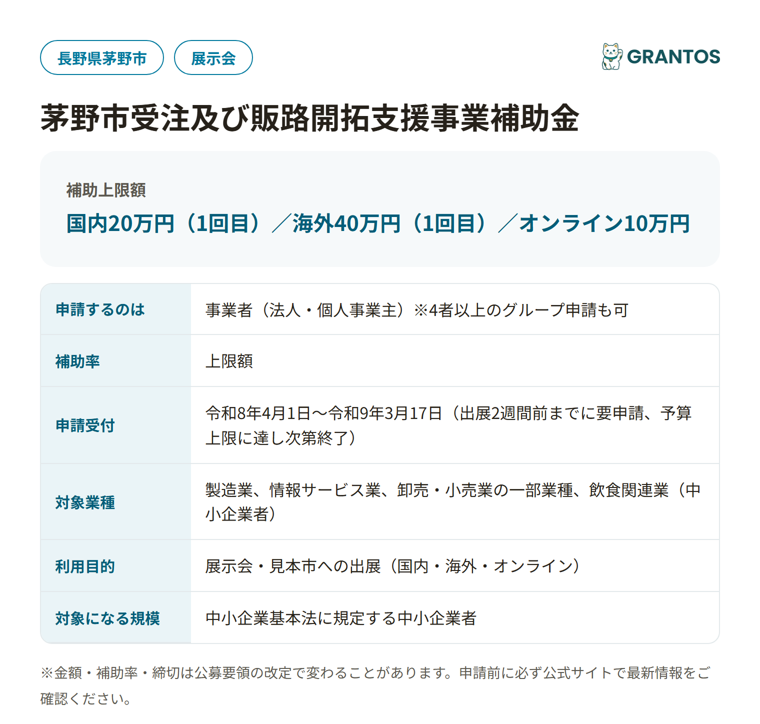 茅野市受注及び販路開拓支援事業補助金の対象・金額・締切の概要