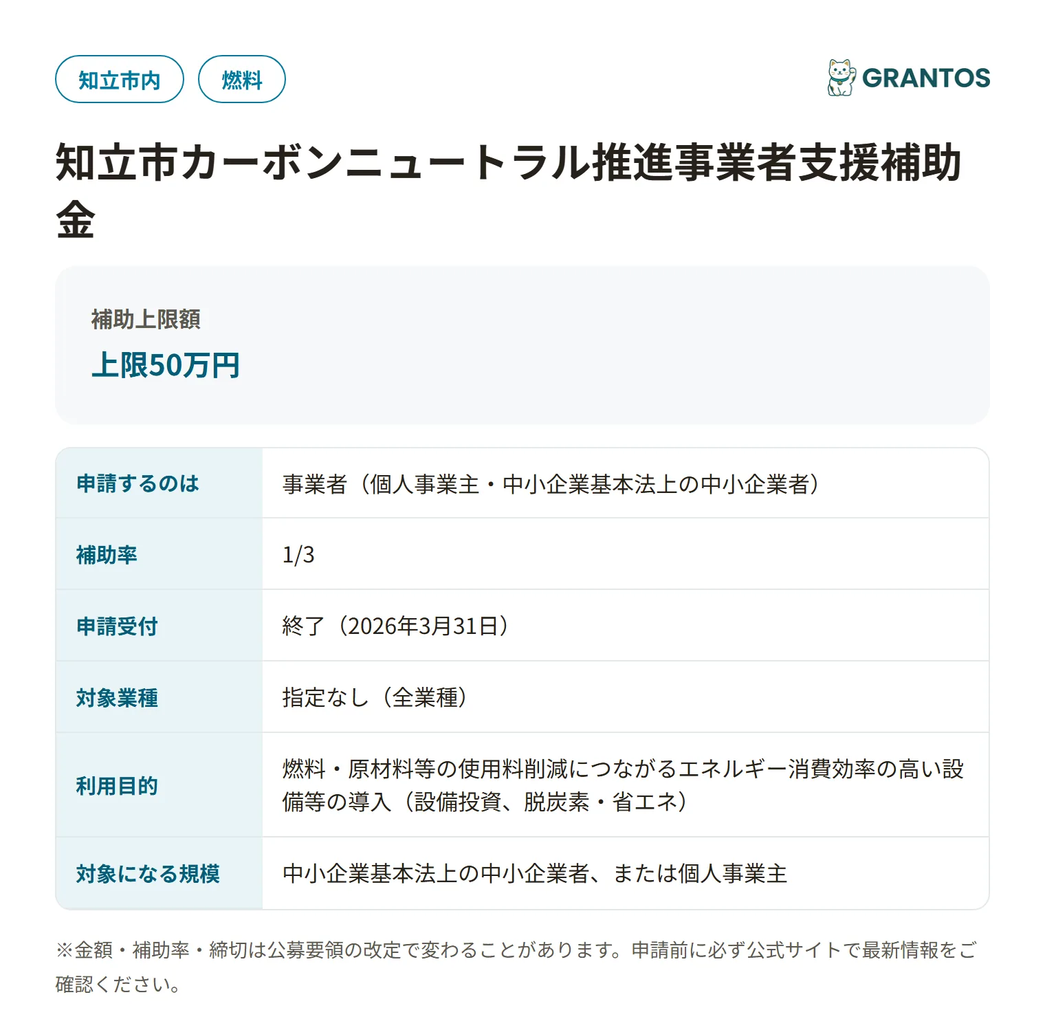 知立市カーボンニュートラル推進補助金(省エネ設備)の対象・金額・締切の概要