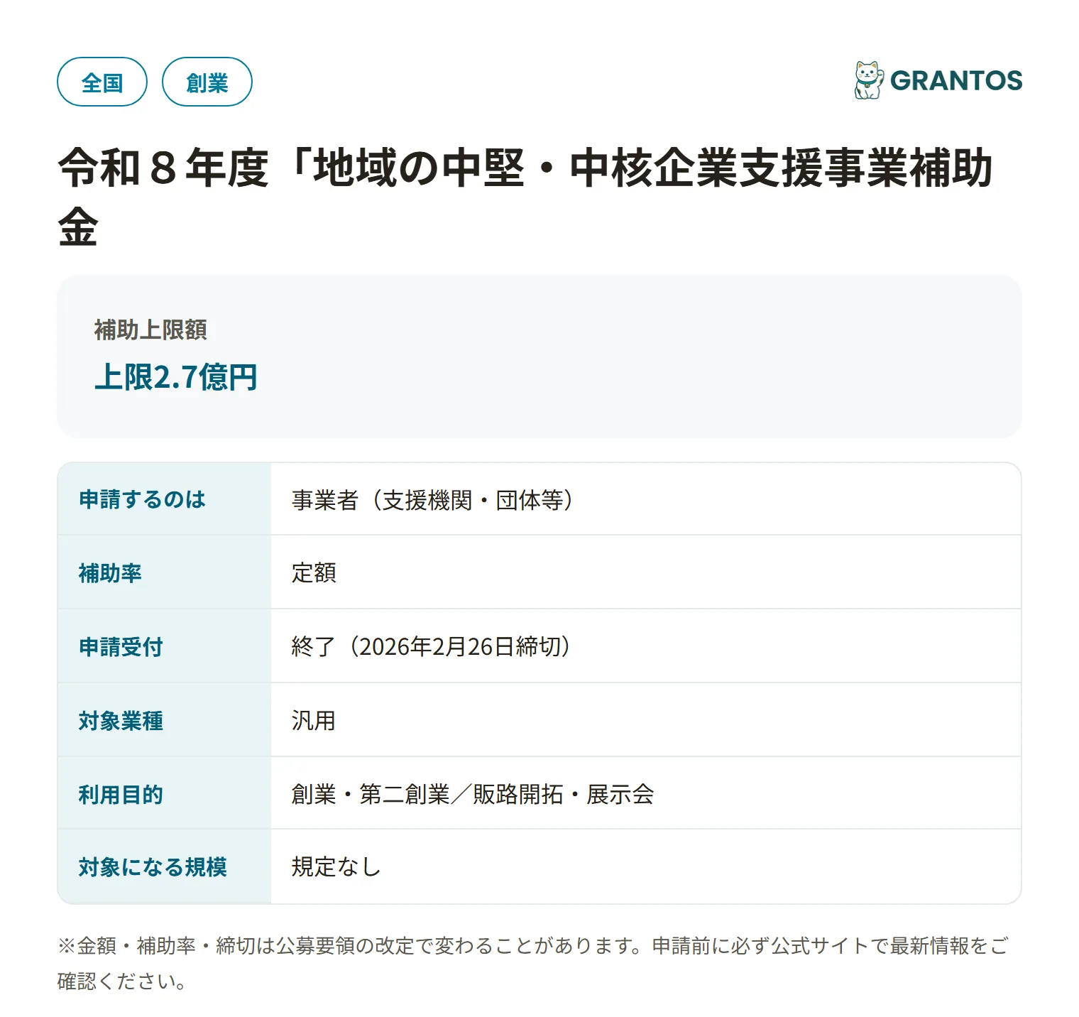 中堅・中核企業の経営力強化支援事業の対象・金額・締切の概要