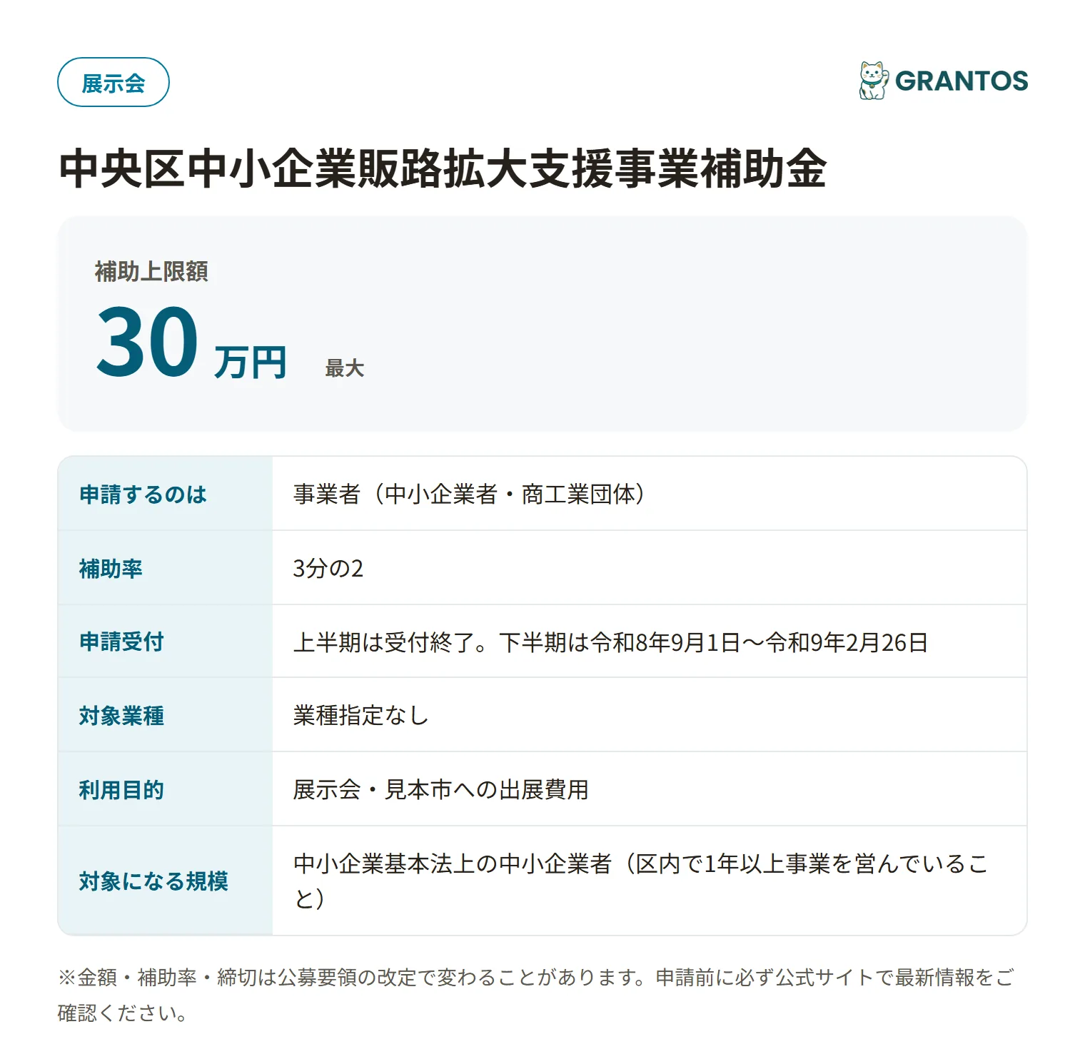 中央区中小企業販路拡大支援事業補助金の対象・金額・締切の概要