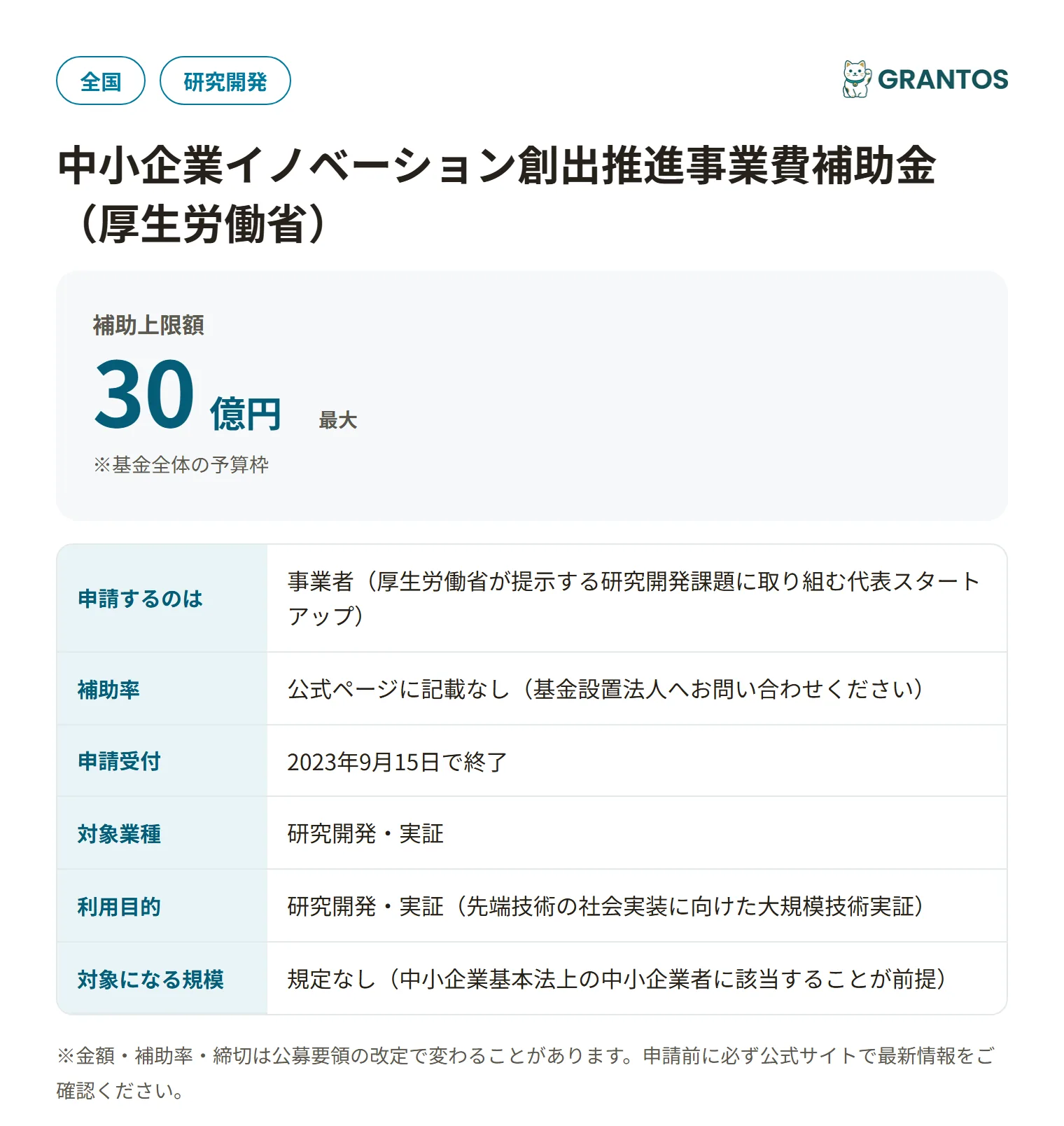 厚生労働省 中小企業イノベーション創出推進事業費補助金の対象・金額・締切の概要