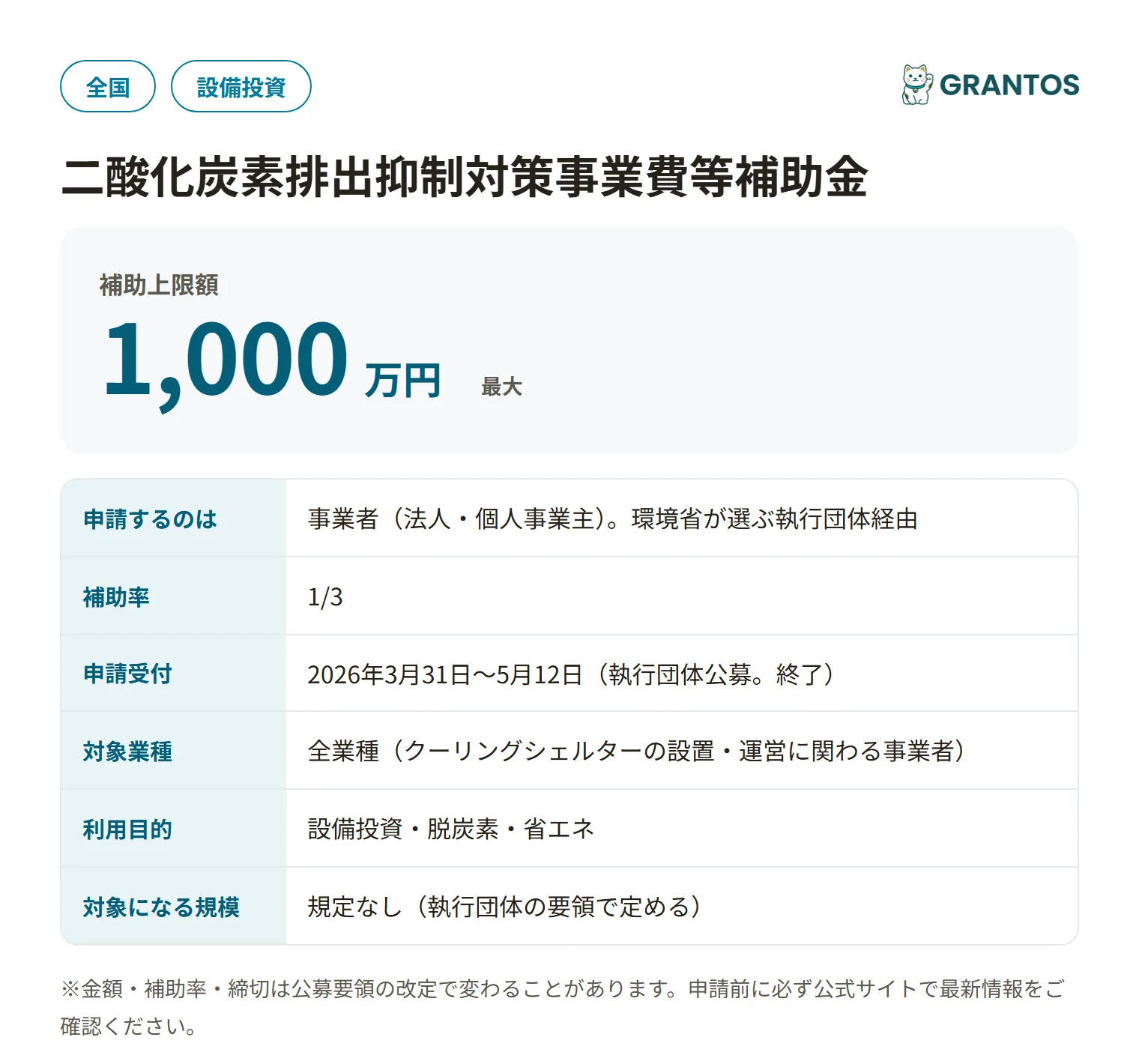 クーリングシェルター空調補助金の対象・金額・締切の概要