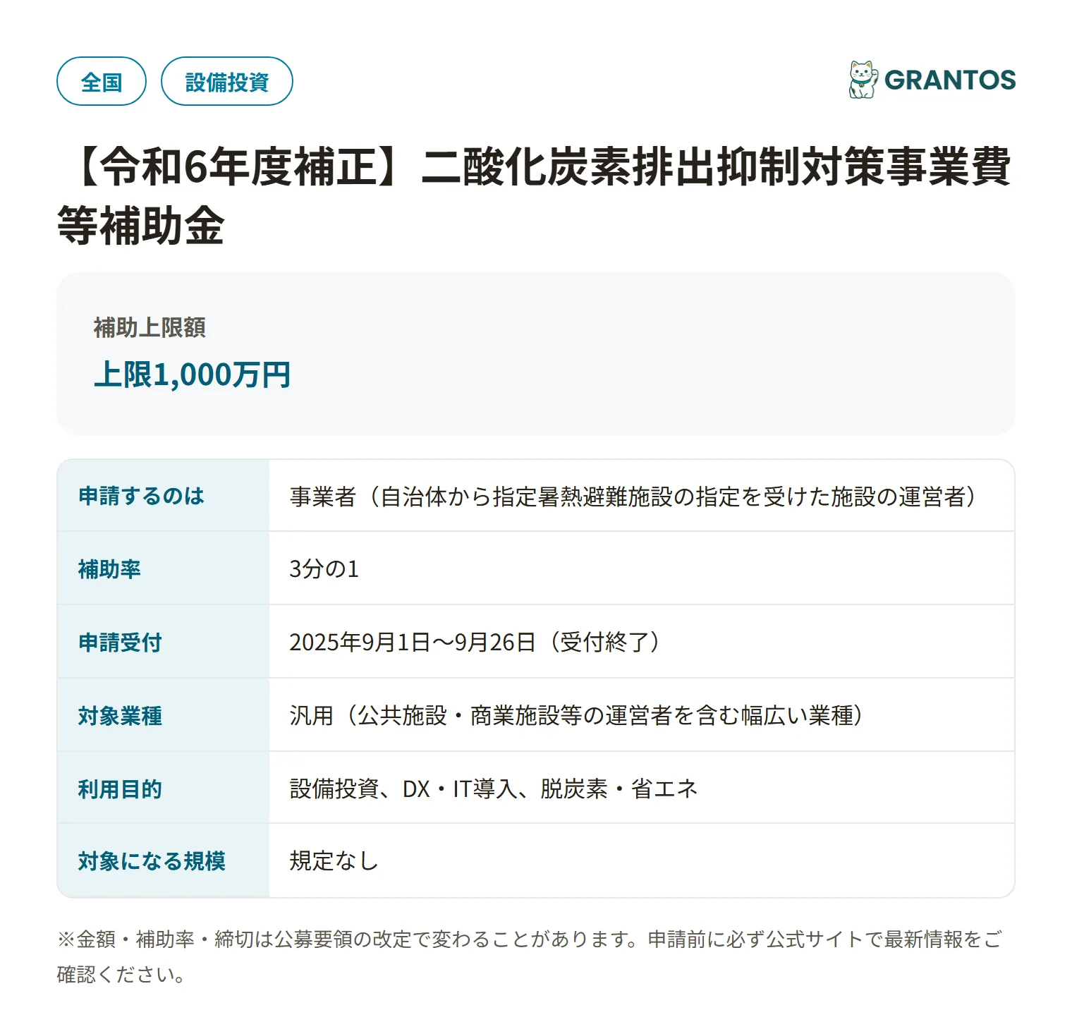 クーリングシェルターの普及に向けた高効率空調導入支援事業の対象・金額・締切の概要