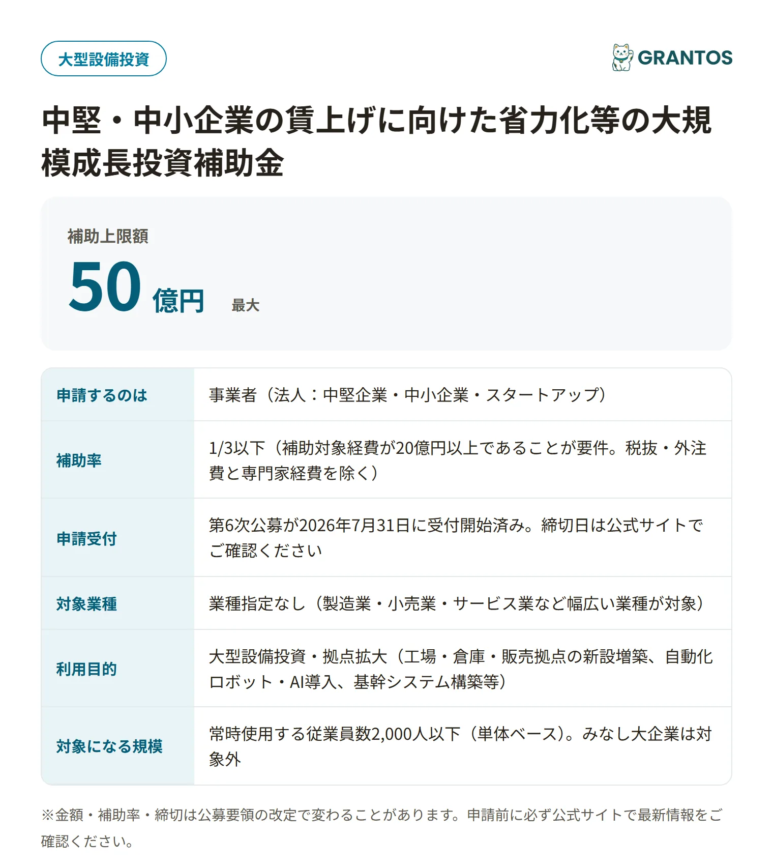大規模成長投資補助金の対象・金額・締切の概要