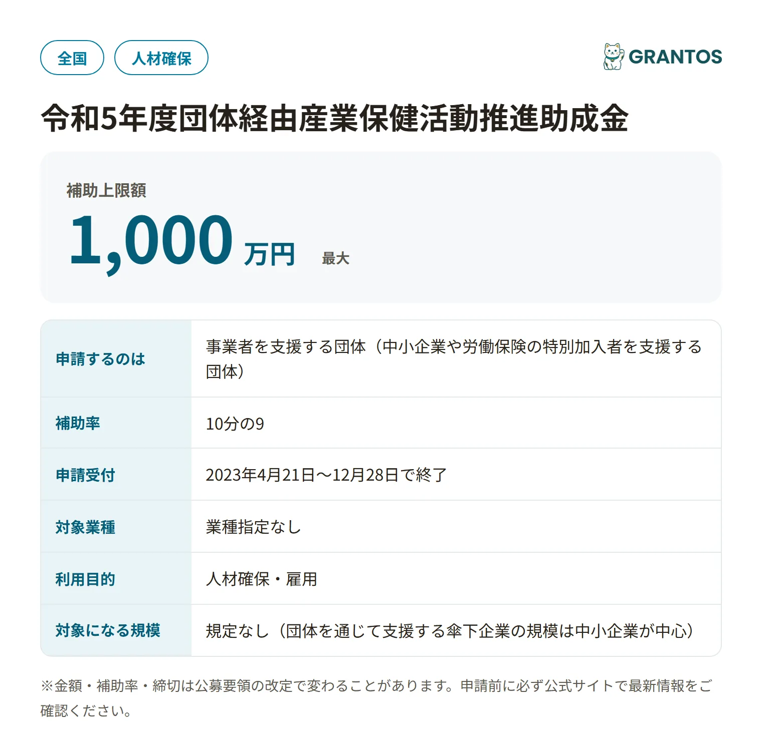 団体経由産業保健活動推進助成金(令和5年度)の対象・金額・締切の概要