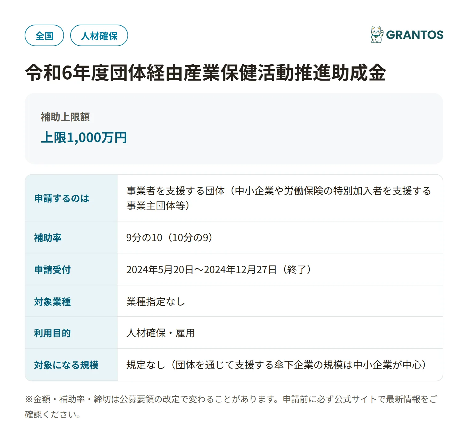 団体経由産業保健活動推進助成金（令和6年度）の対象・金額・締切の概要