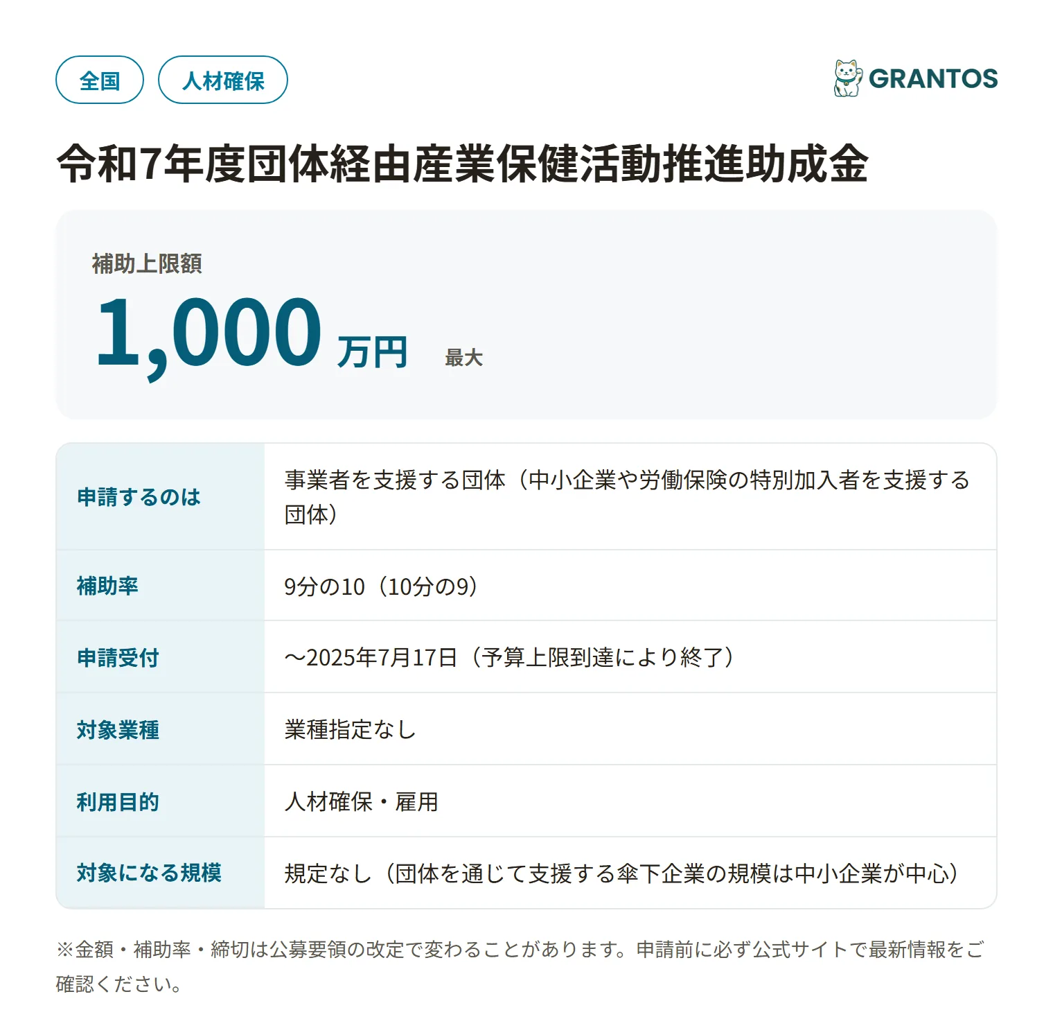 団体経由産業保健活動推進助成金（令和7年度）の対象・金額・締切の概要