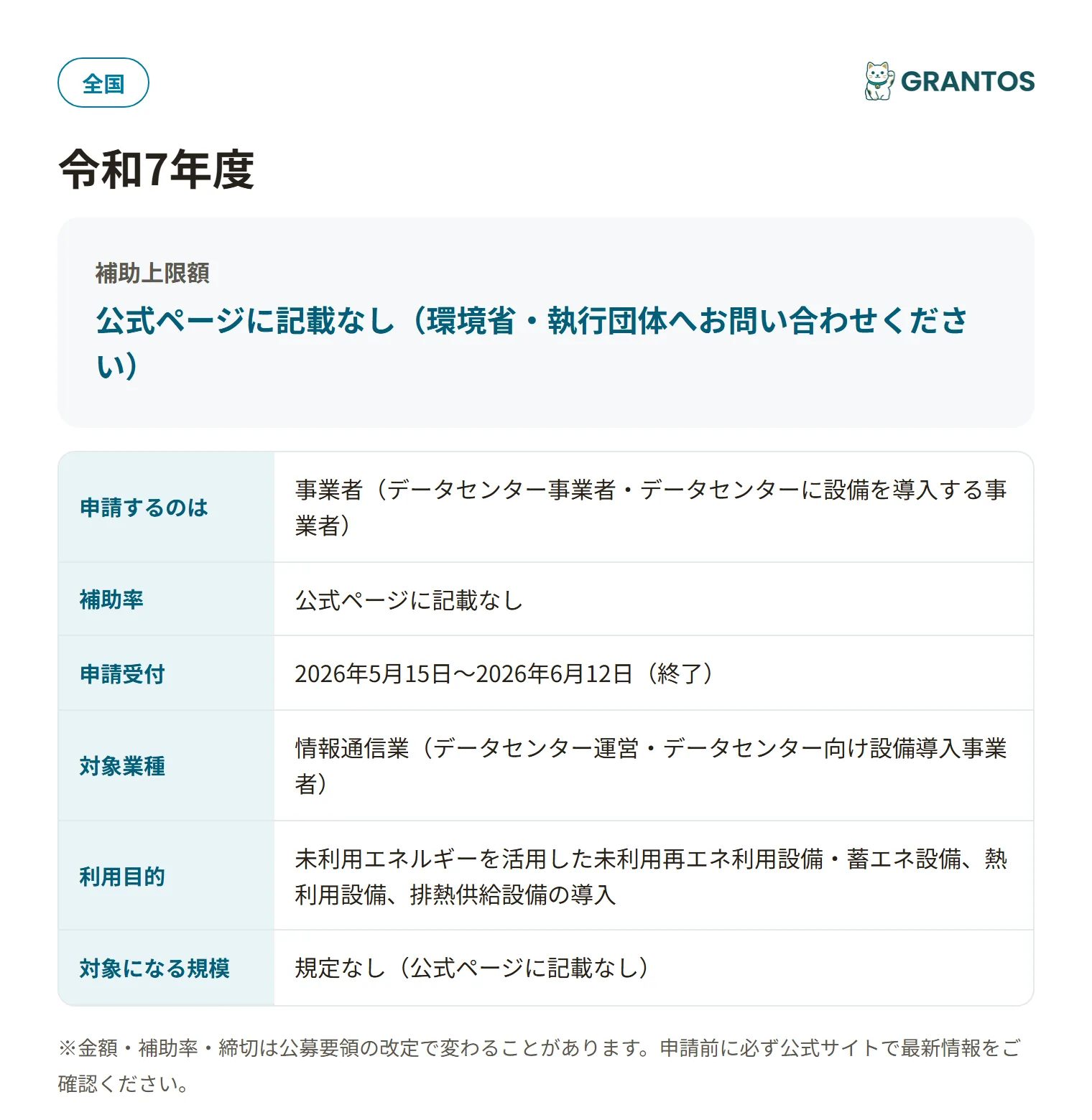 データセンター脱炭素化設備導入支援事業の対象・金額・締切の概要