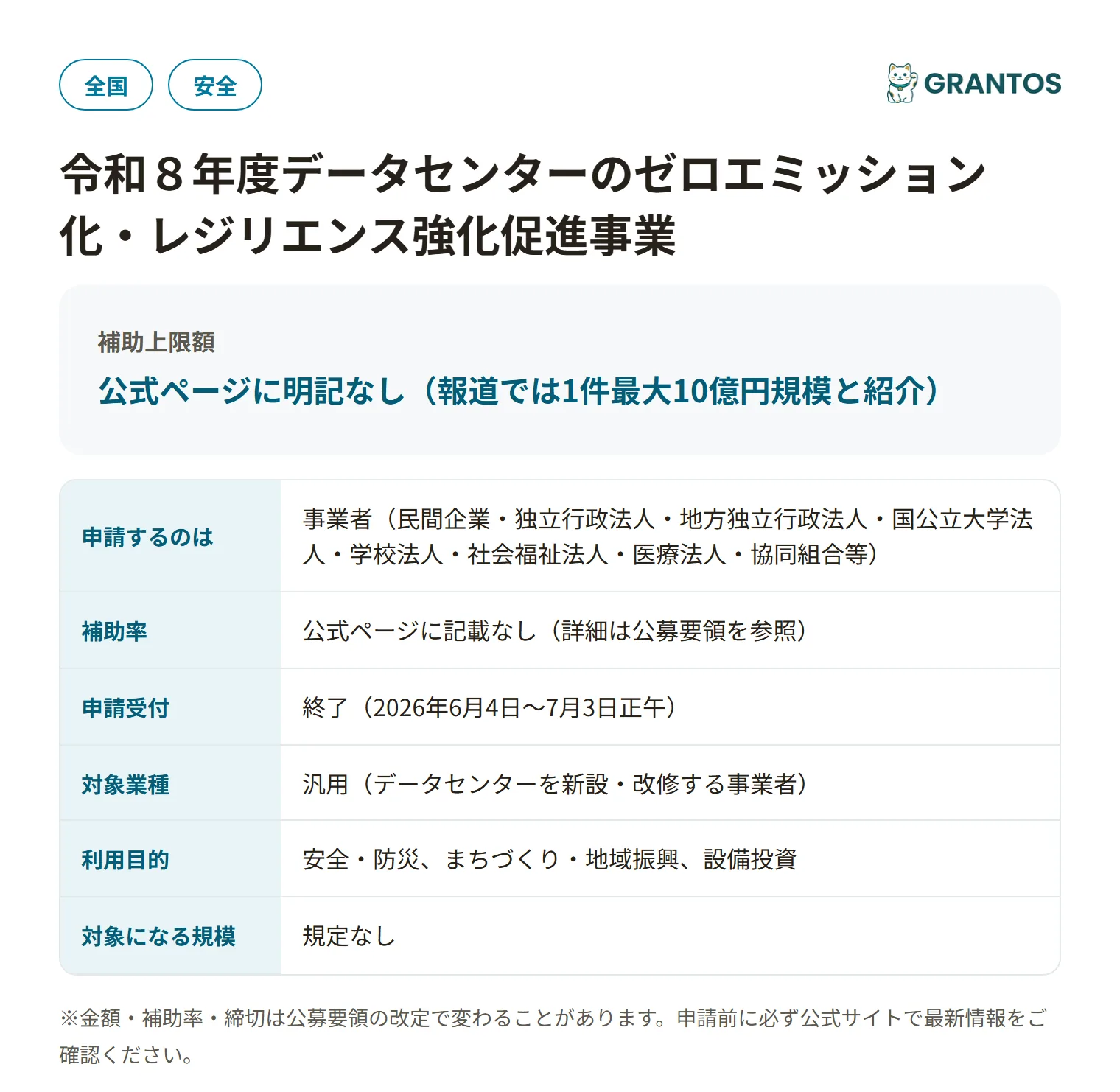 データセンターのゼロエミッション化促進事業の対象・金額・締切の概要