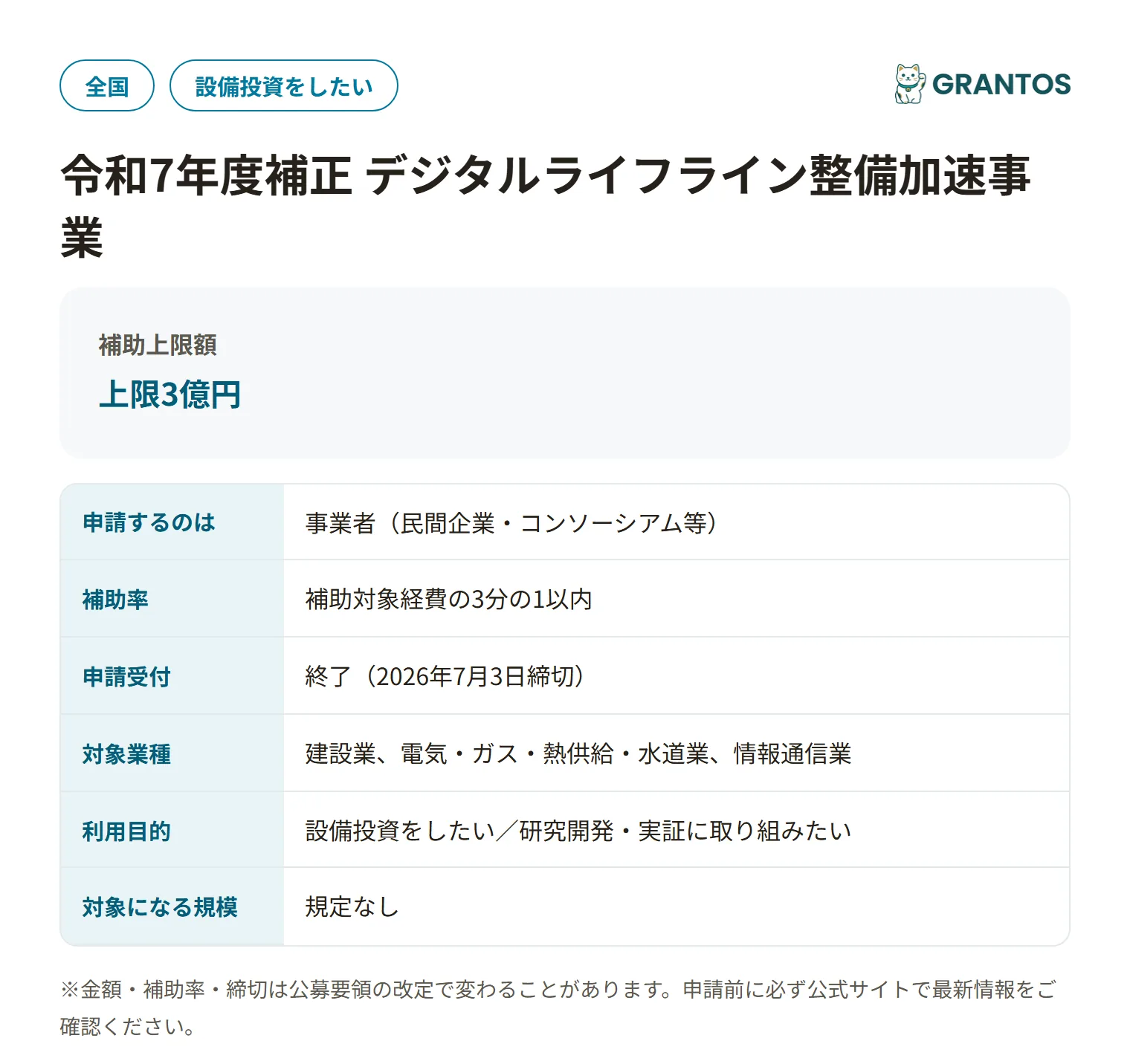 デジタルライフライン整備加速事業の対象・金額・締切の概要