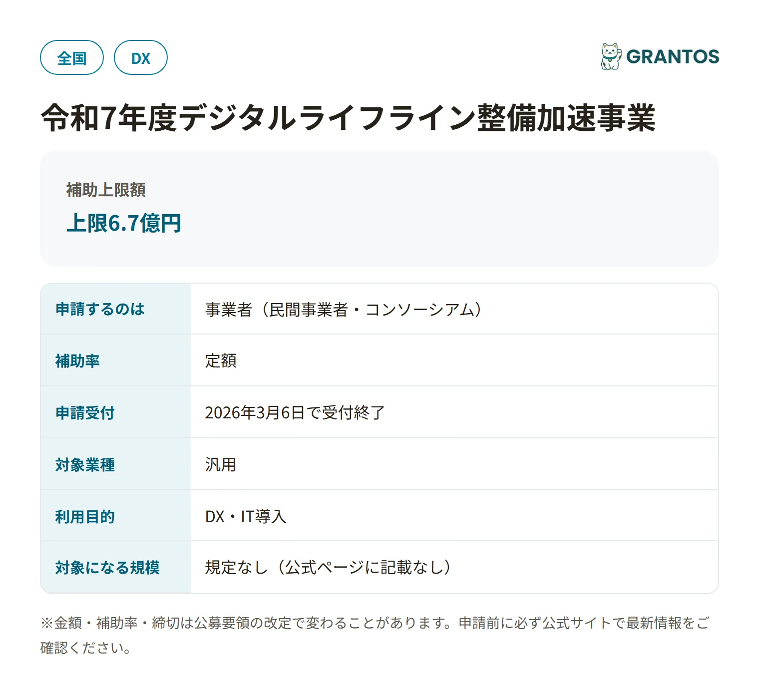 デジタルライフライン整備加速事業の対象・金額・締切の概要