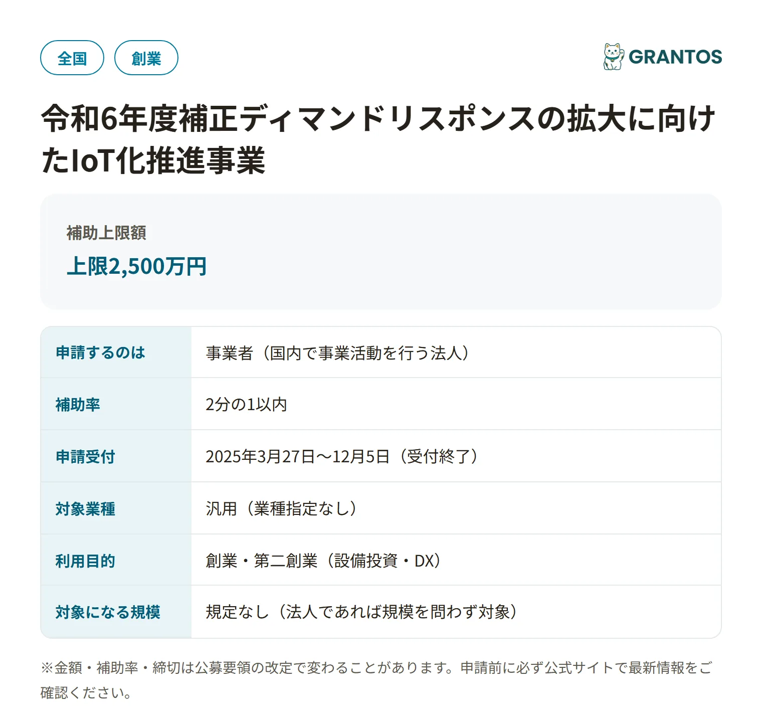 ディマンドリスポンスの拡大に向けたIoT化推進事業の対象・金額・締切の概要