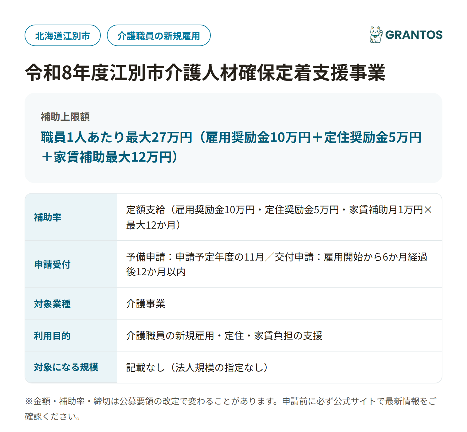 江別市介護人材確保定着支援事業の対象・金額・締切の概要