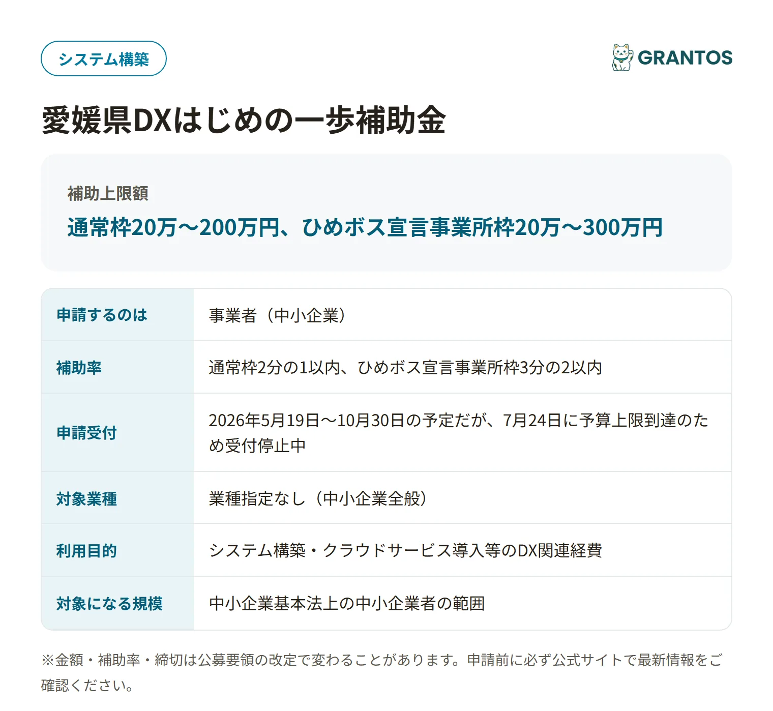 愛媛県DXはじめの一歩補助金の対象・金額・締切の概要