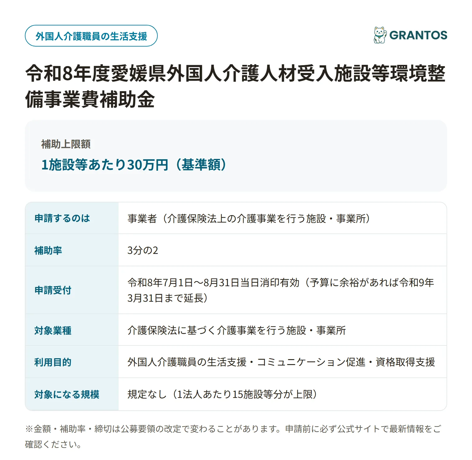愛媛県外国人介護人材受入施設等環境整備事業費補助金の対象・金額・締切の概要