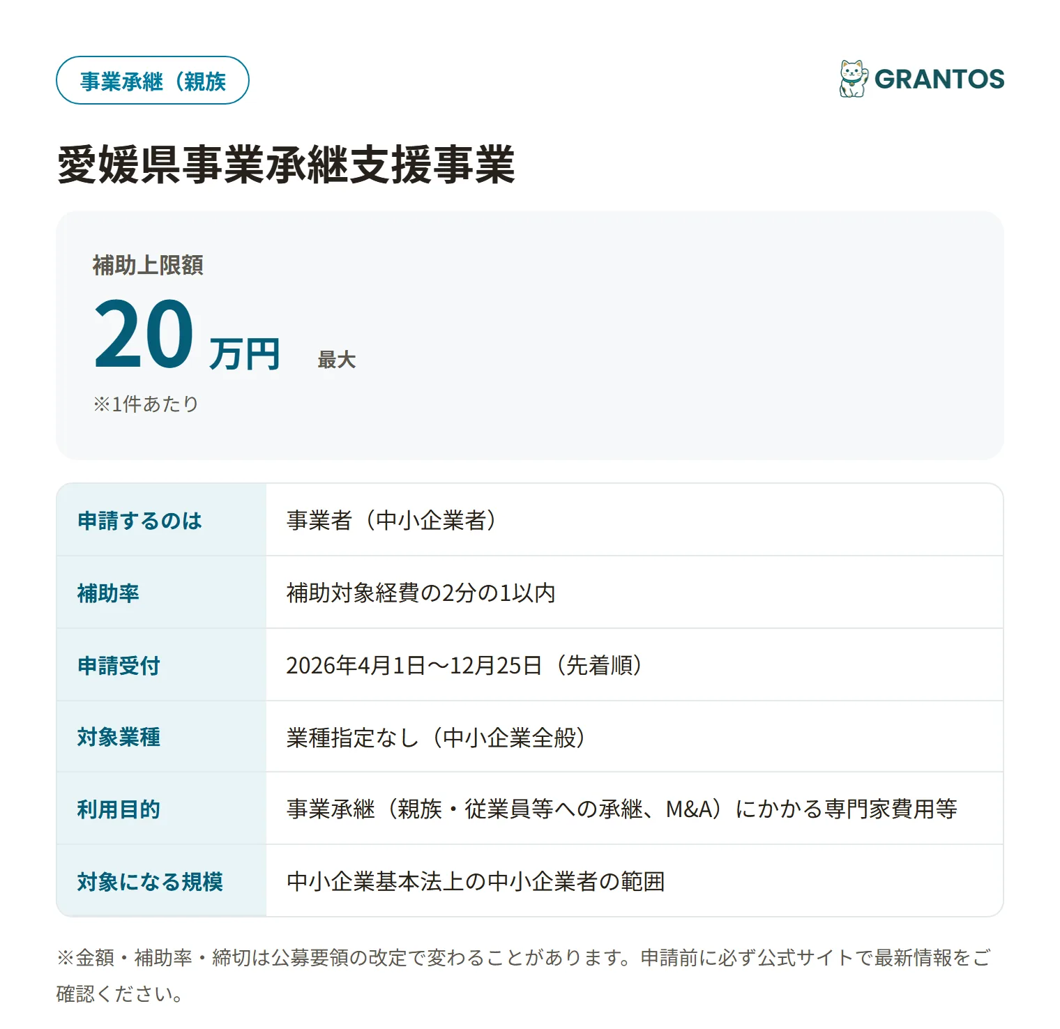 愛媛県事業承継支援事業の対象・金額・締切の概要