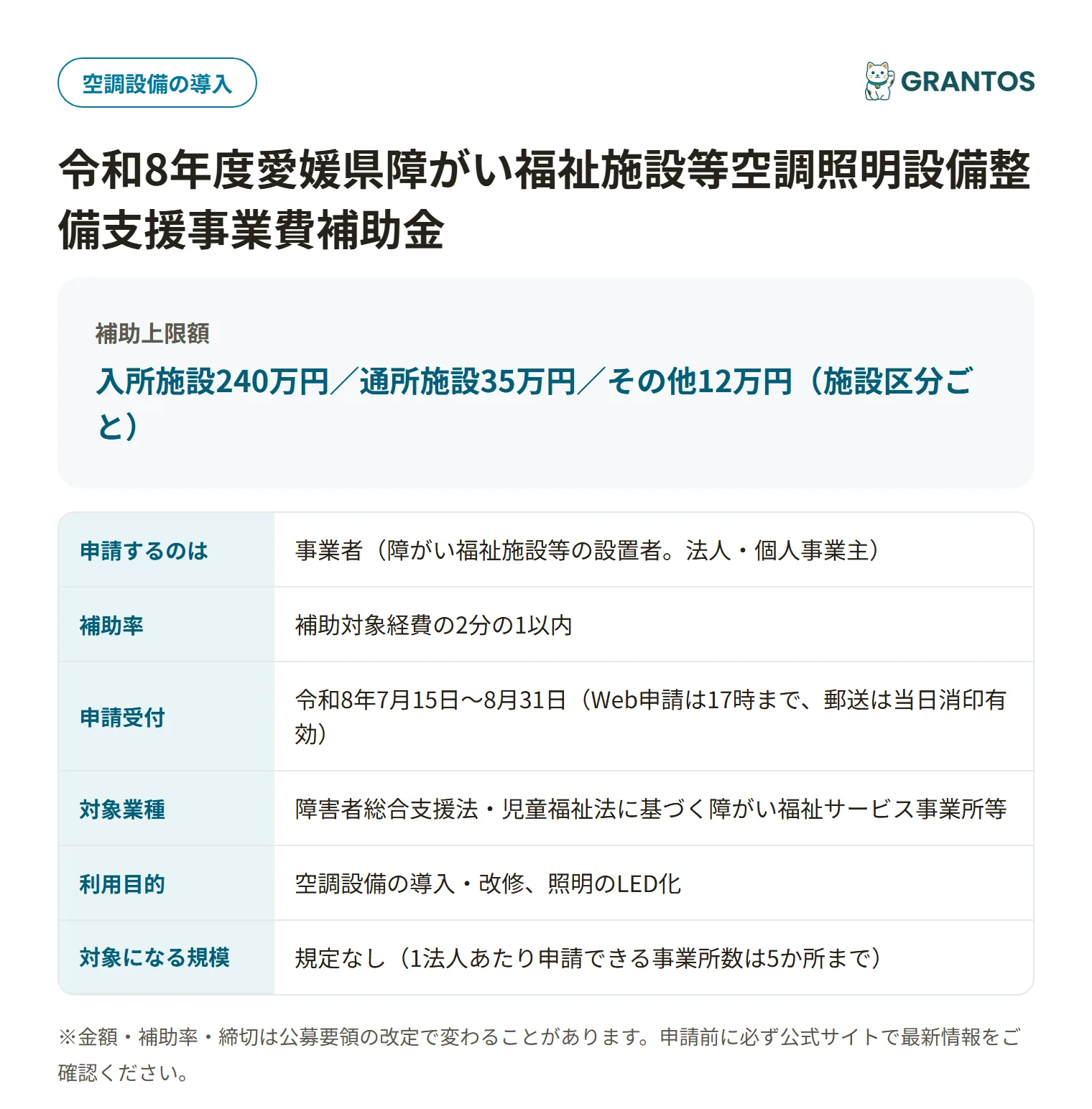 愛媛県障がい福祉施設等空調照明設備整備支援事業費補助金の対象・金額・締切の概要