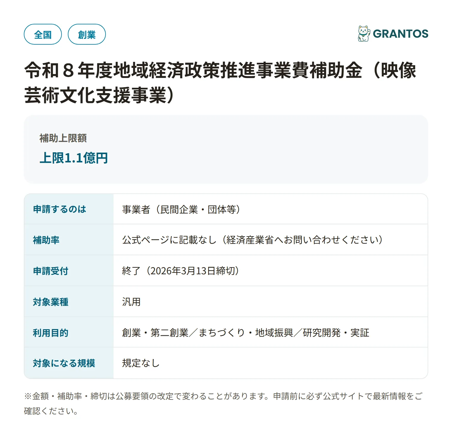 映像芸術文化支援事業補助金の対象・金額・締切の概要