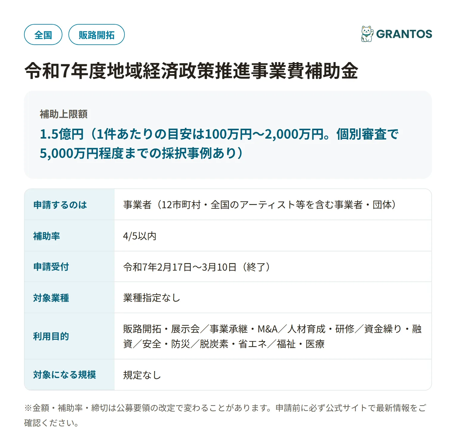 地域経済政策推進事業費補助金（映像・芸術文化を通じた関係人口創出事業）の対象・金額・締切の概要