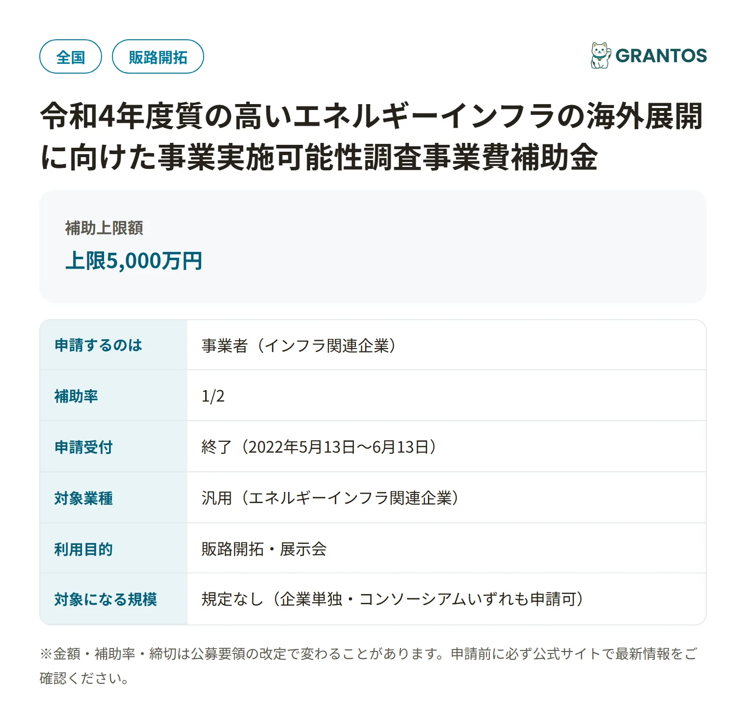 質の高いエネルギーインフラの海外展開に向けた事業実施可能性調査事業費補助金の対象・金額・締切の概要