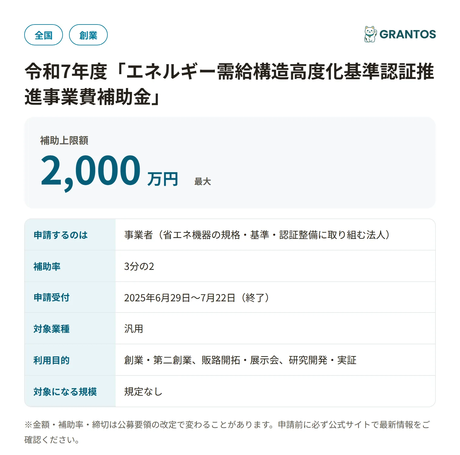 エネルギー需給構造高度化基準認証推進事業費補助金（令和7年度）の対象・金額・締切の概要