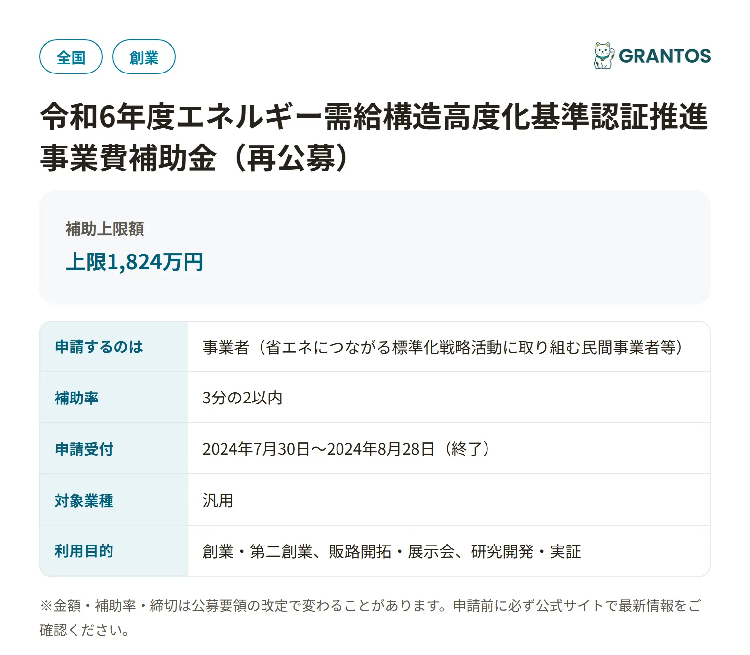 エネルギー需給構造高度化基準認証推進事業費補助金（令和6年度再公募）の対象・金額・締切の概要