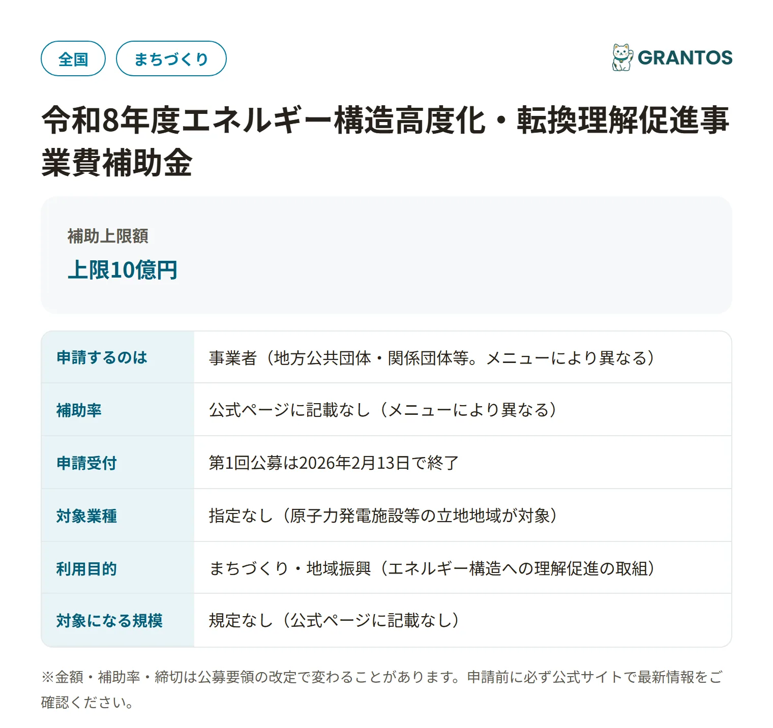 エネルギー構造高度化・転換理解促進事業費補助金の対象・金額・締切の概要