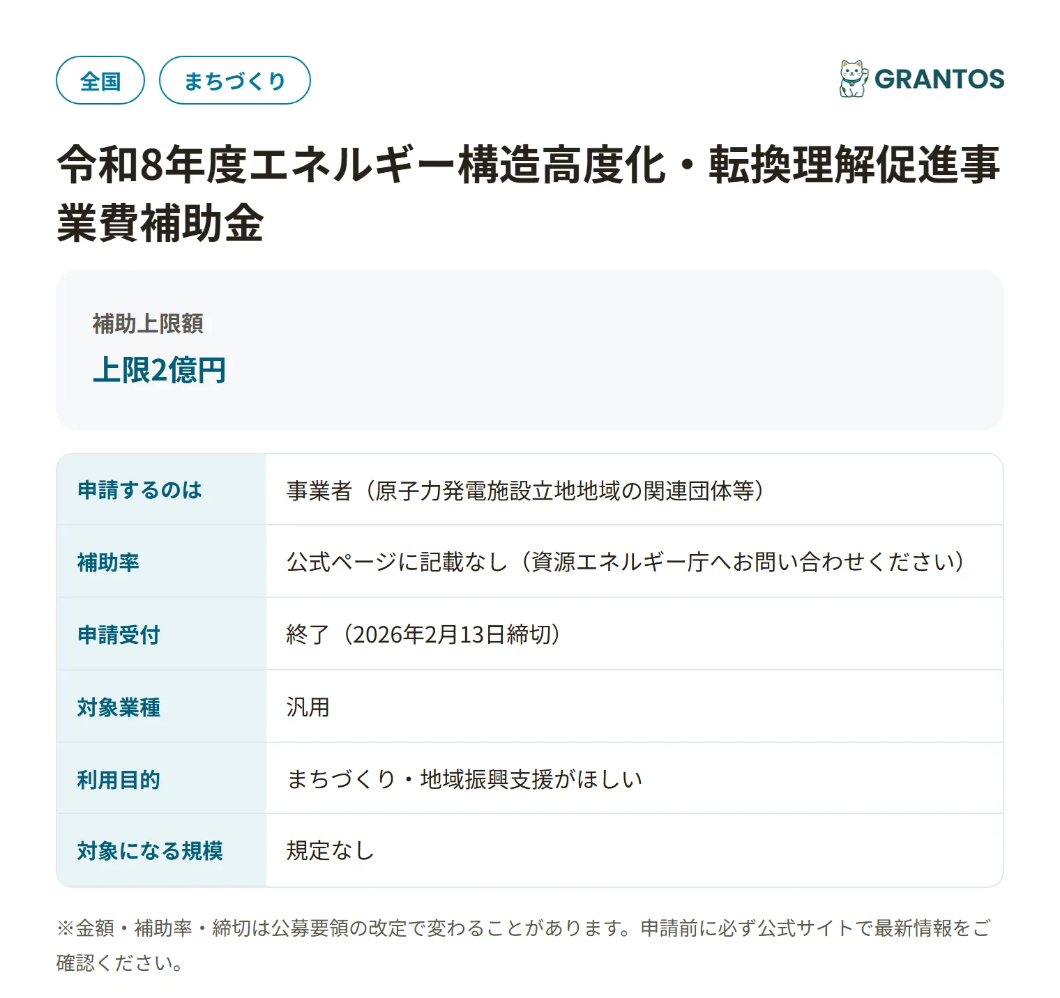エネルギー構造高度化・転換理解促進事業補助金の対象・金額・締切の概要