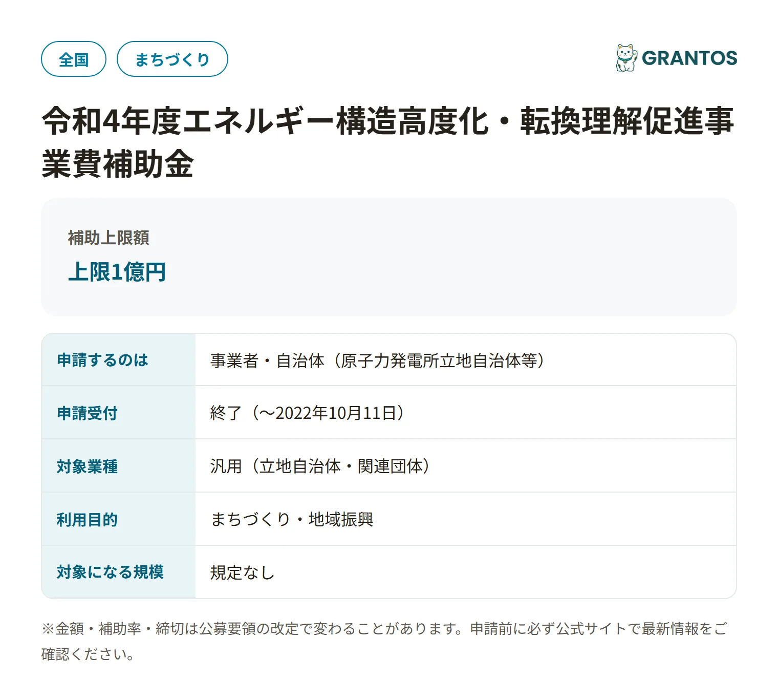エネルギー構造高度化・転換理解促進事業費補助金（R4第4回）の対象・金額・締切の概要