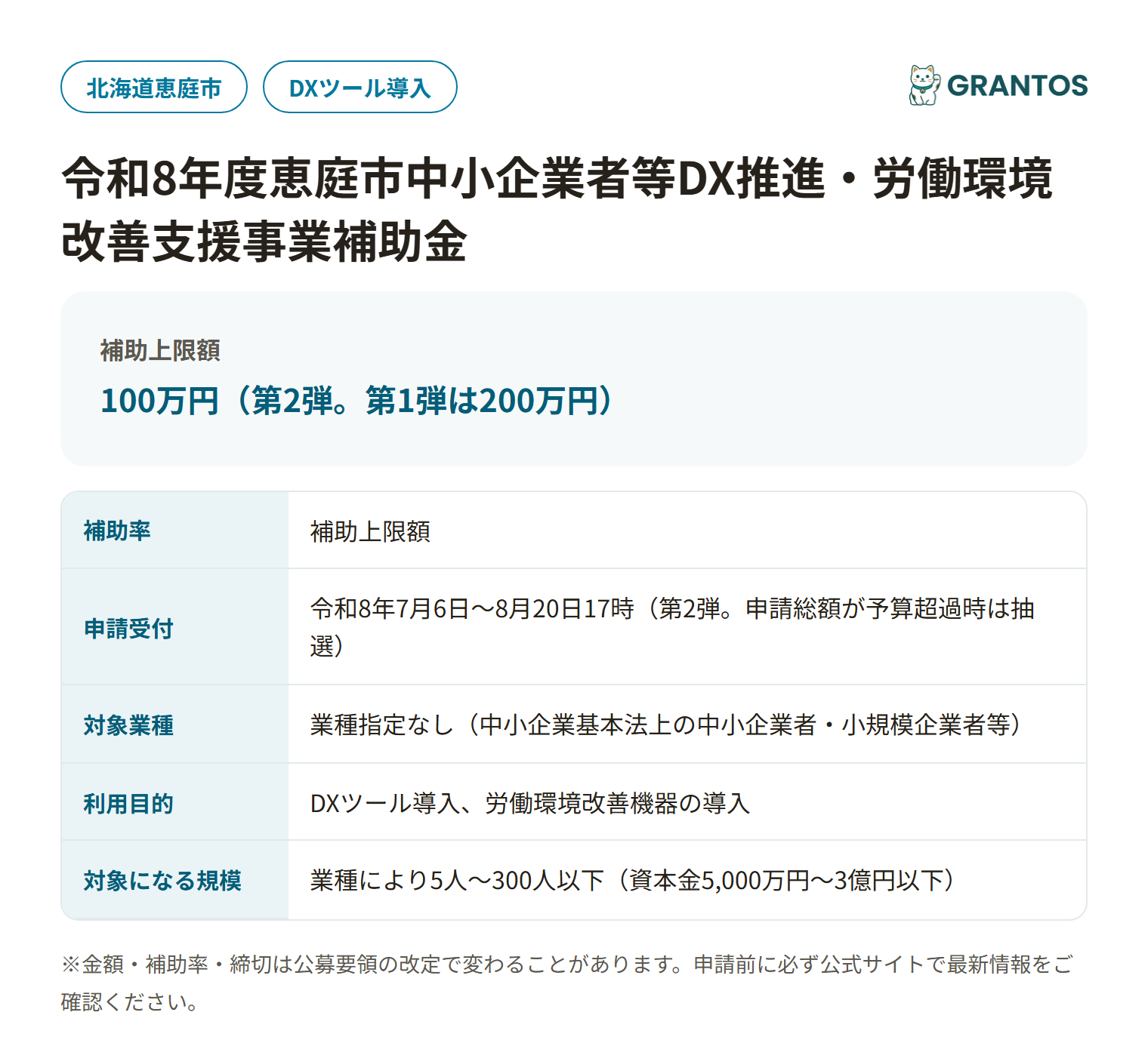 令和8年度恵庭市中小企業者等DX推進・労働環境改善支援事業補助金の対象・金額・締切の概要