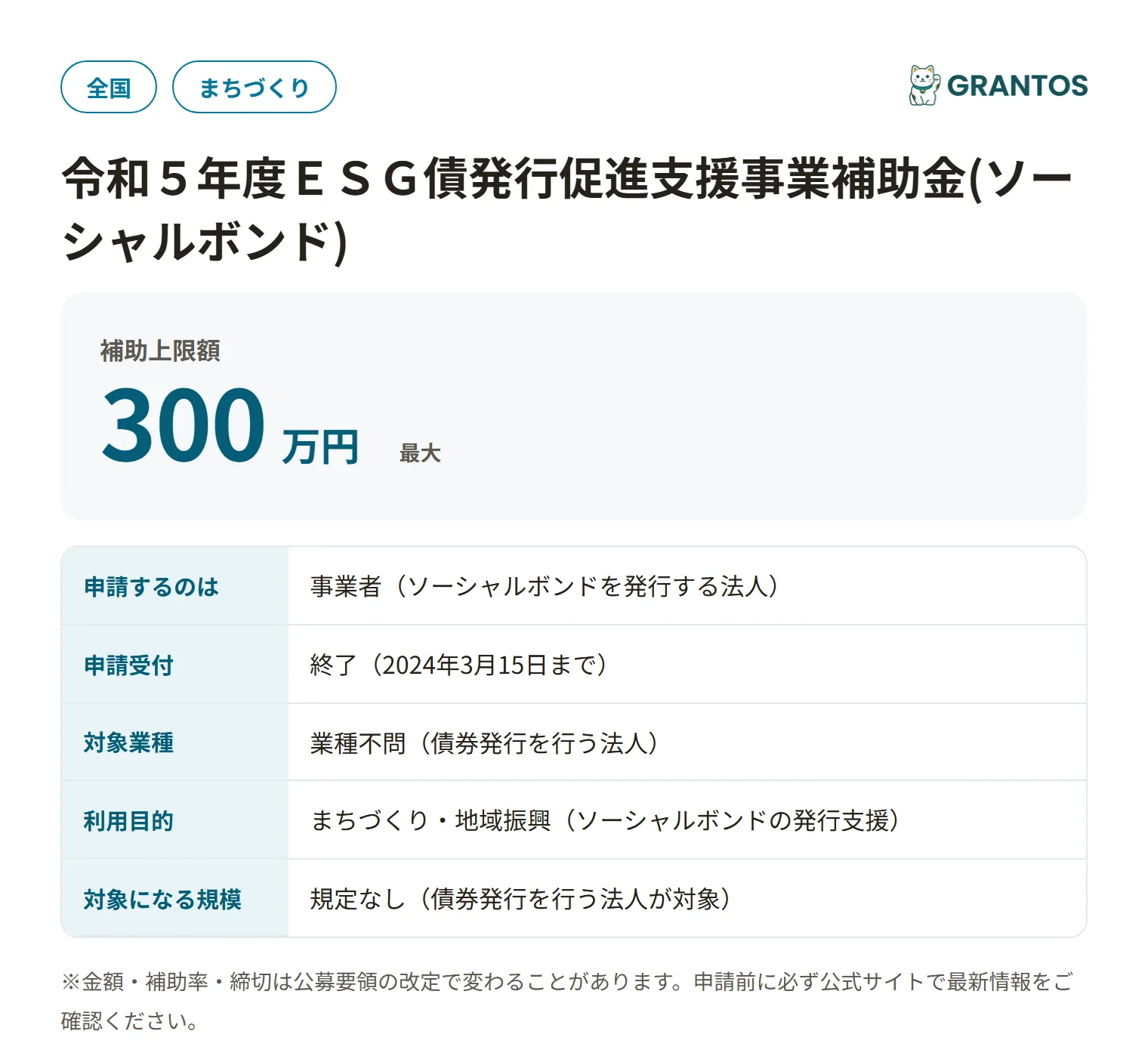 ESG債発行促進支援補助金(ソーシャルボンド)R5の対象・金額・締切の概要