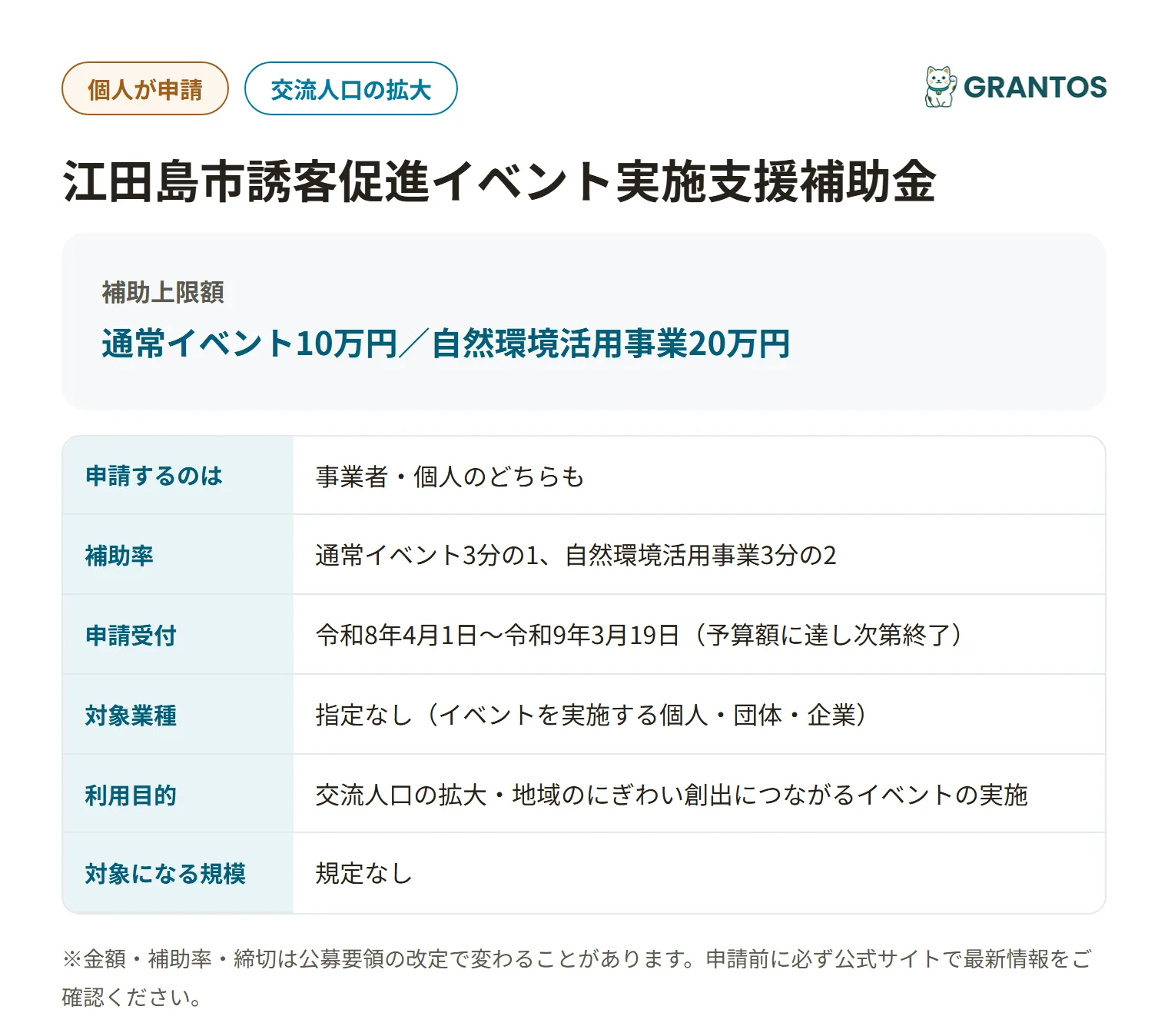 江田島市誘客促進イベント実施支援補助金の対象・金額・締切の概要