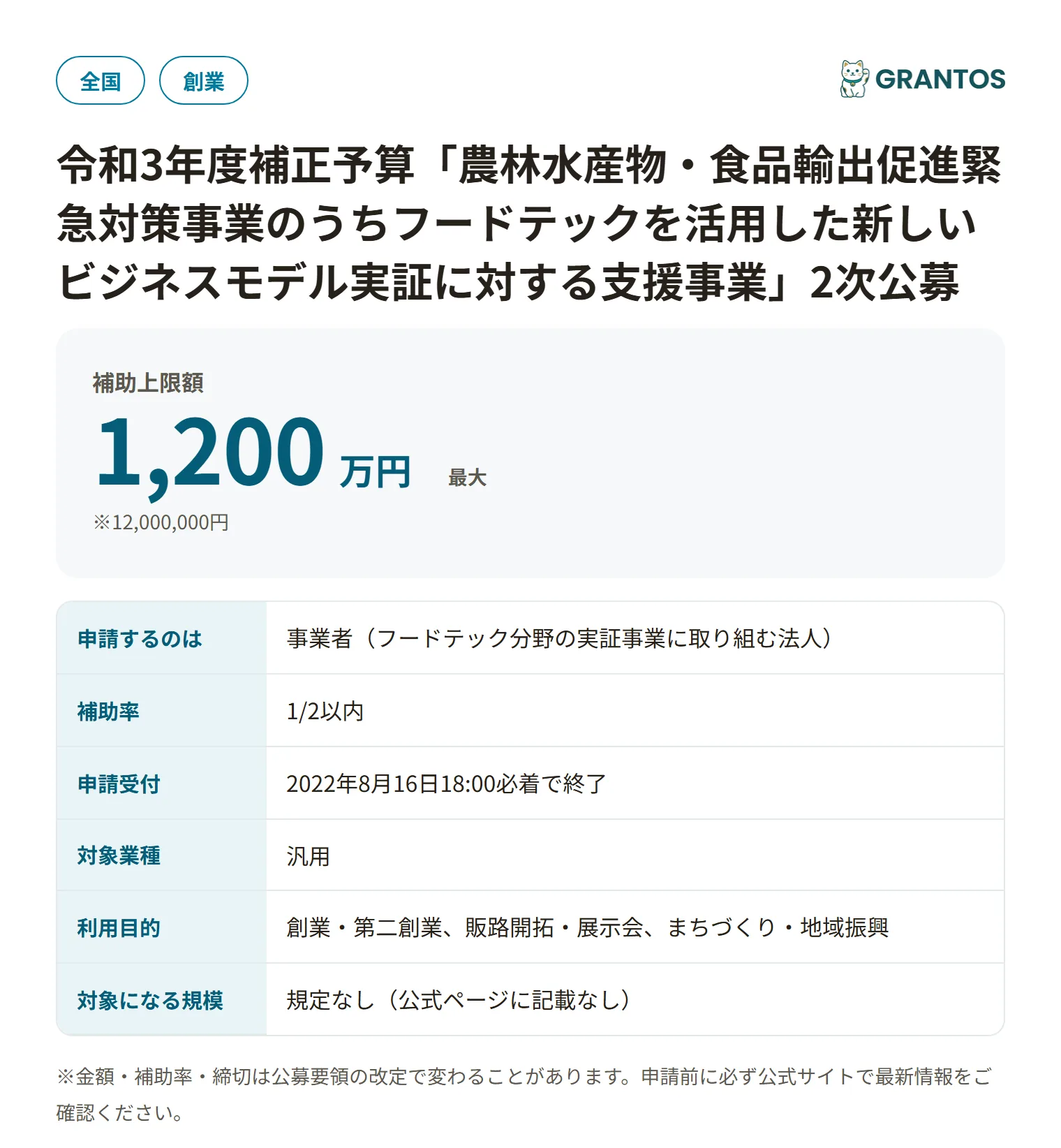 農林水産物・食品輸出促進緊急対策事業（フードテック実証支援）の対象・金額・締切の概要