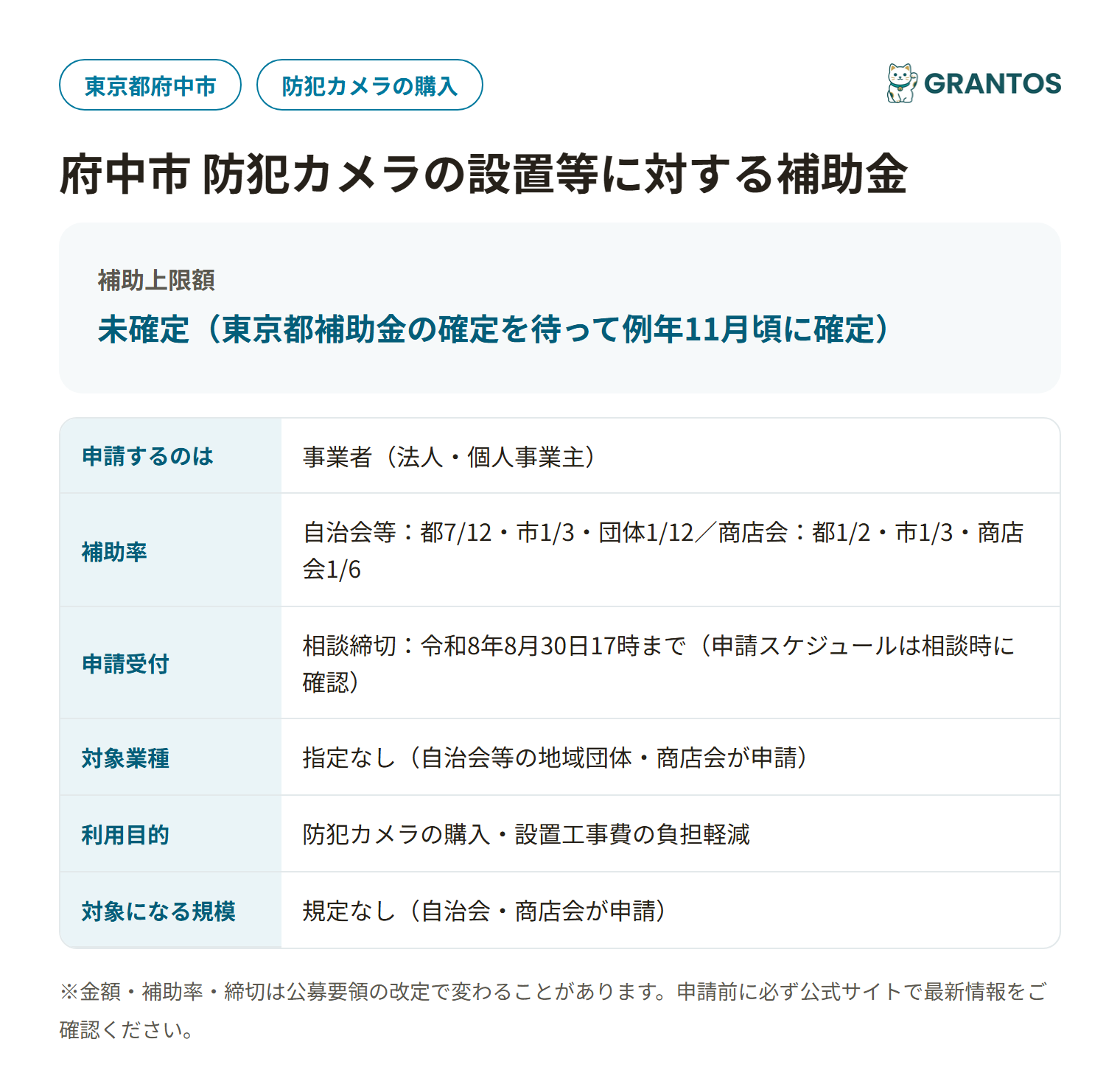 府中市防犯カメラの設置等に対する補助金の対象・金額・締切の概要