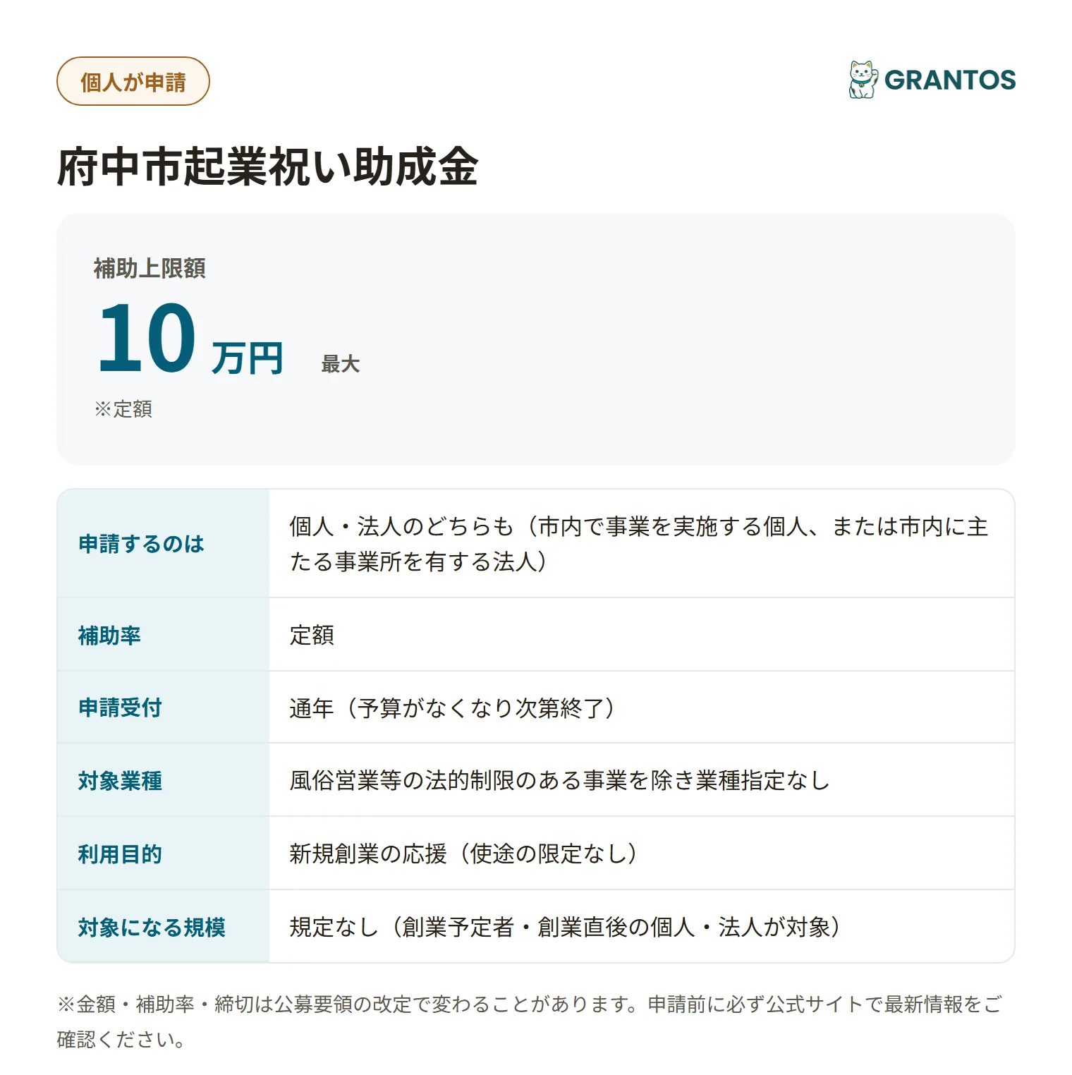 府中市起業祝い助成金の対象・金額・締切の概要