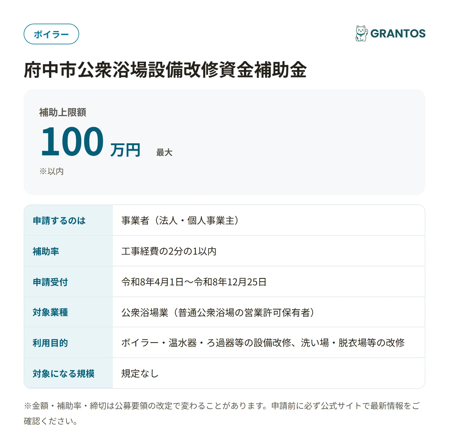 府中市公衆浴場設備改修資金補助金の対象・金額・締切の概要