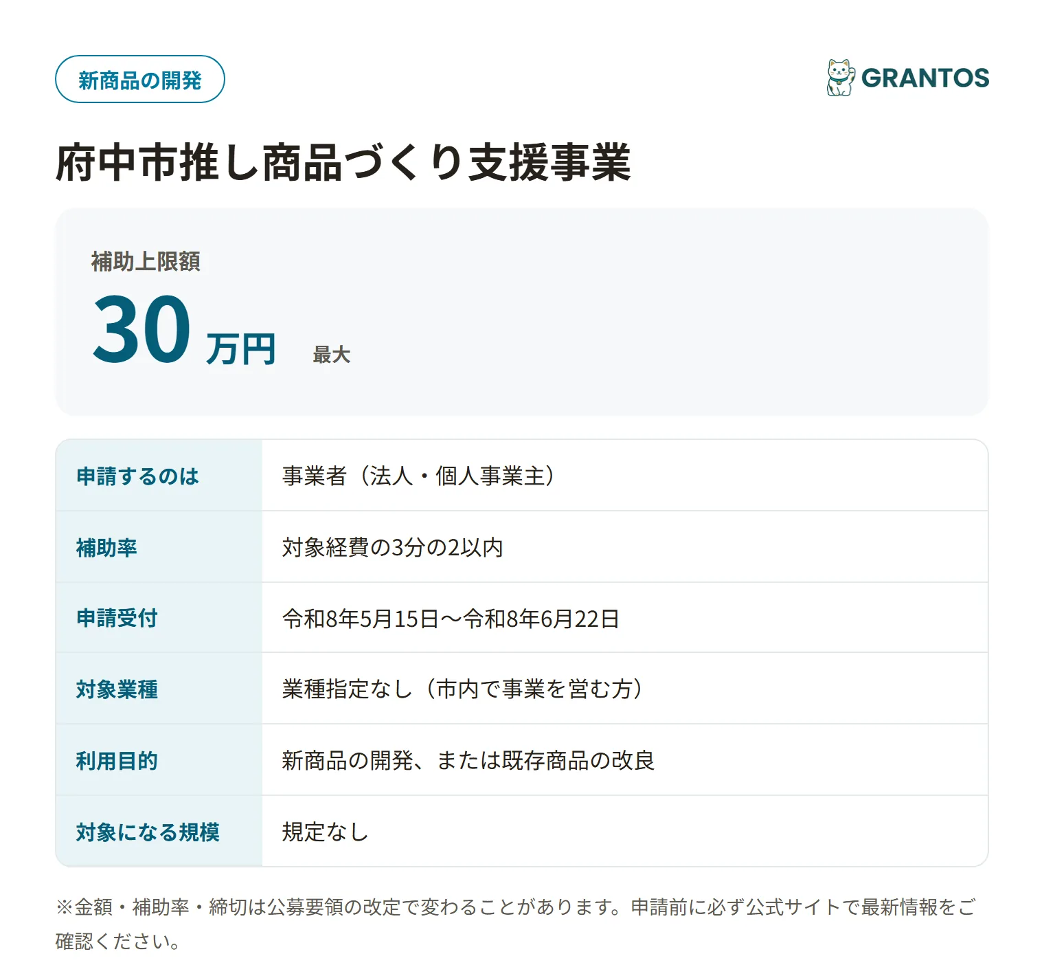 府中市推し商品づくり支援事業の対象・金額・締切の概要