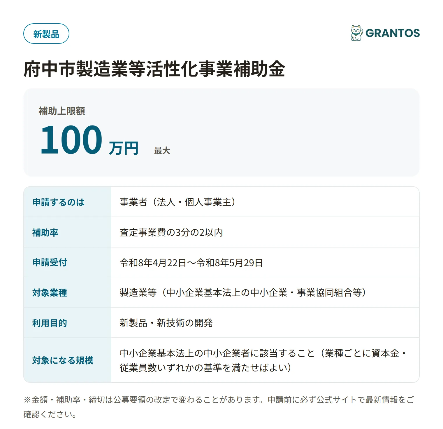 府中市製造業等活性化事業補助金の対象・金額・締切の概要