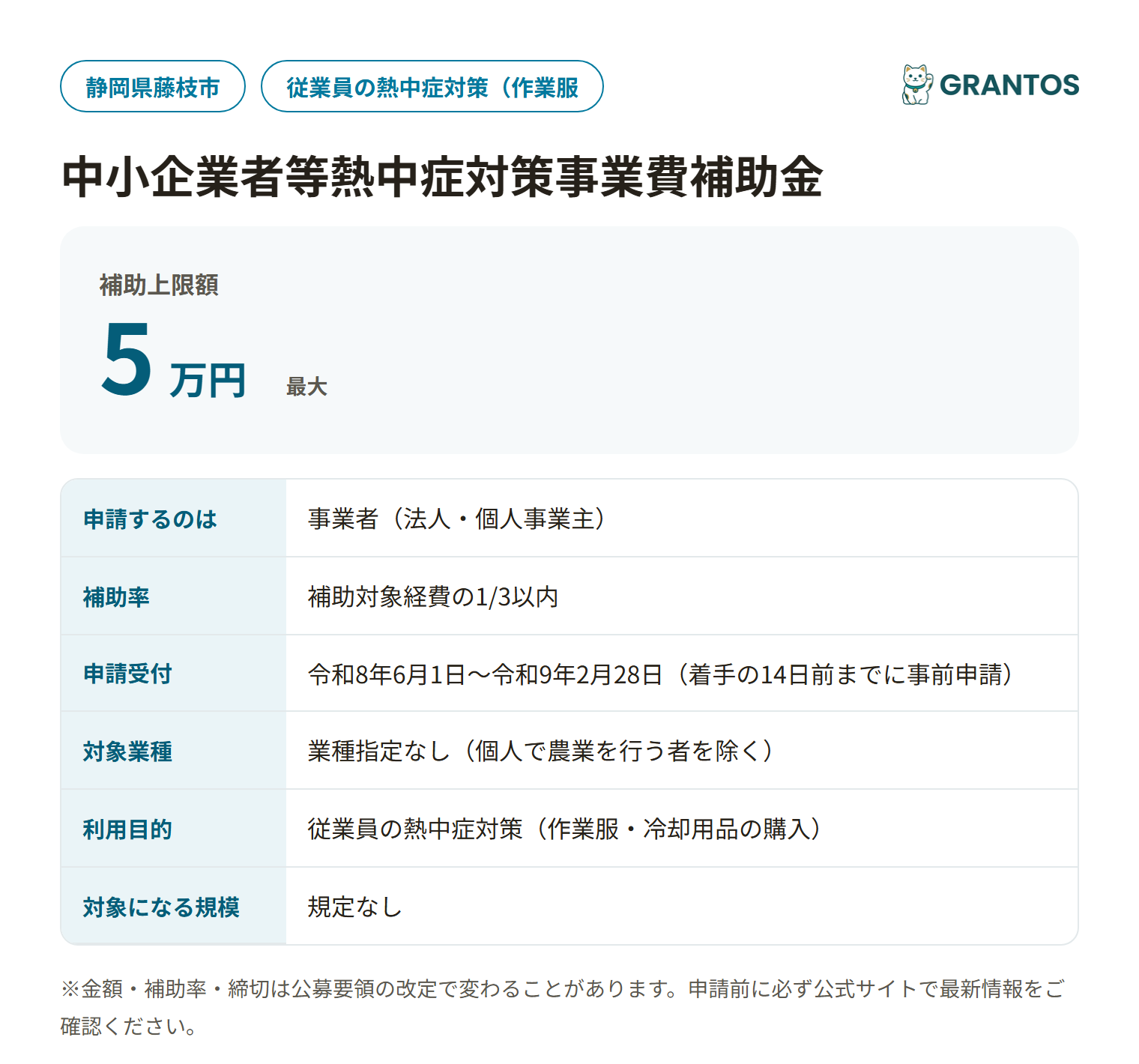 藤枝市中小企業者等熱中症対策事業費補助金の対象・金額・締切の概要