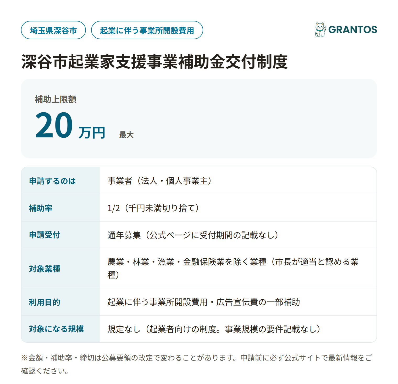 深谷市起業家支援事業補助金の対象・金額・締切の概要