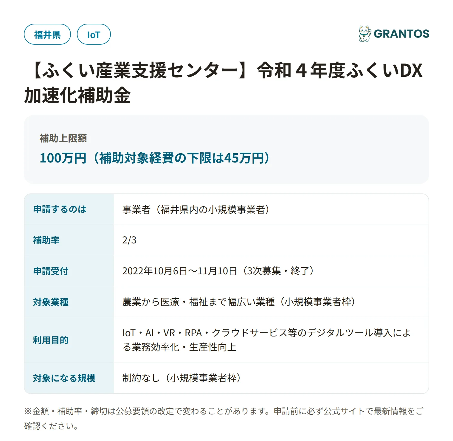 ふくいDX加速化補助金（3次募集）の対象・金額・締切の概要