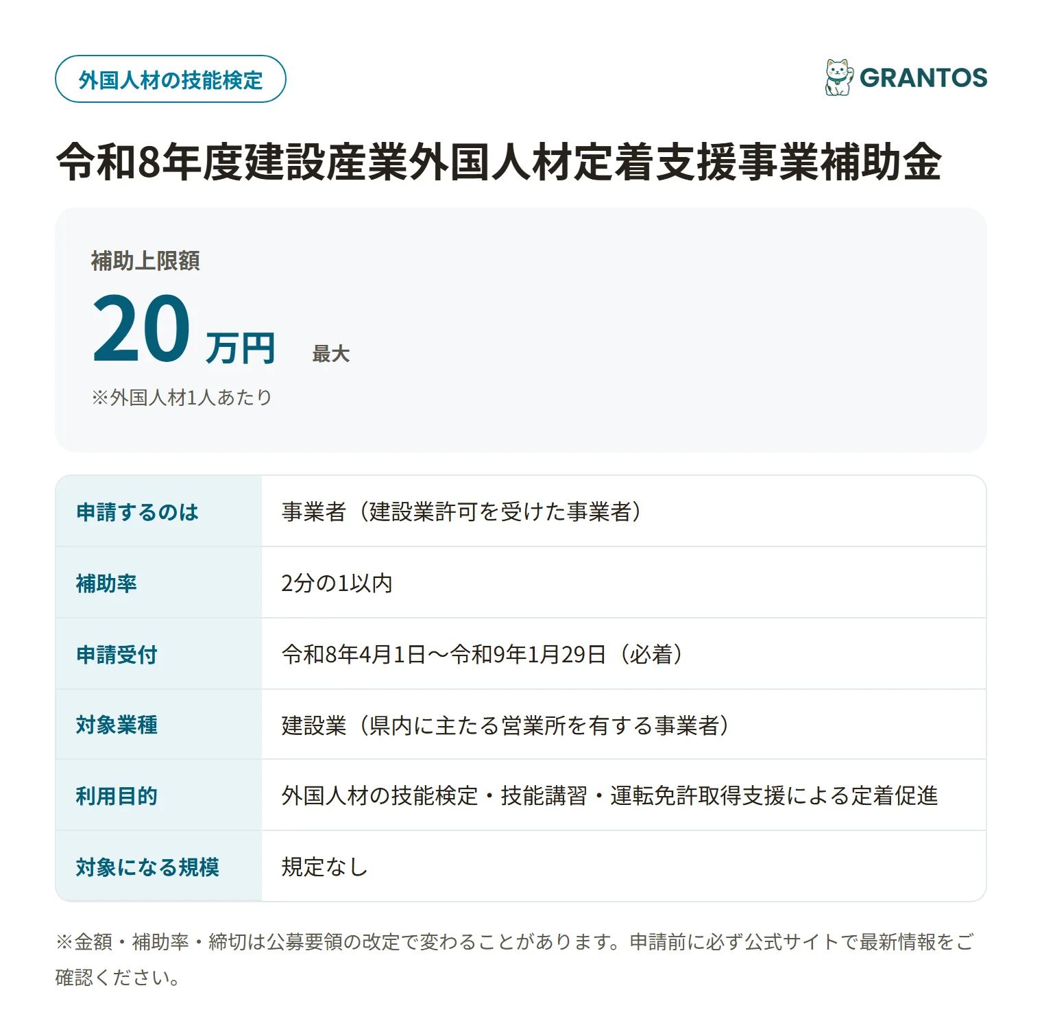 令和8年度建設産業外国人材定着支援事業補助金の対象・金額・締切の概要
