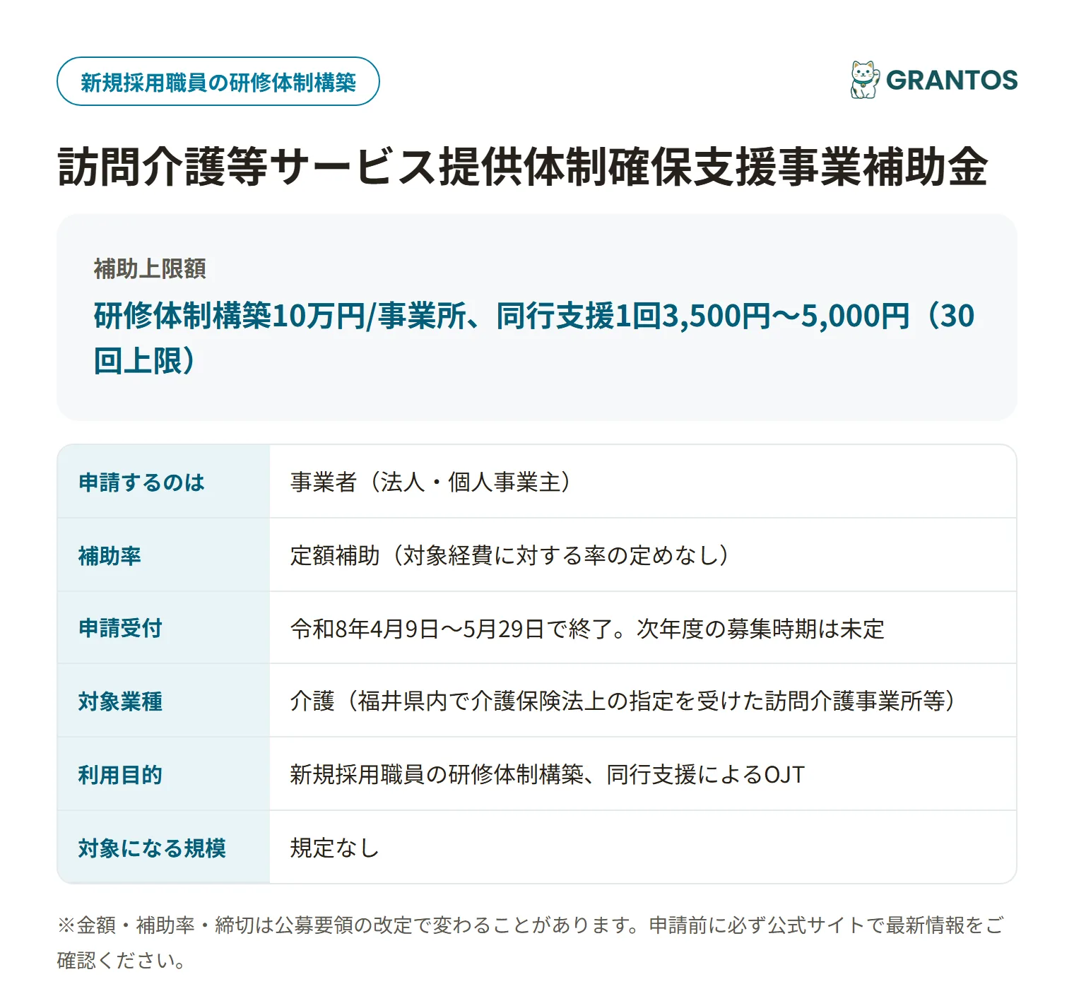 訪問介護等サービス提供体制確保支援事業補助金(人材確保体制構築支援事業)の対象・金額・締切の概要