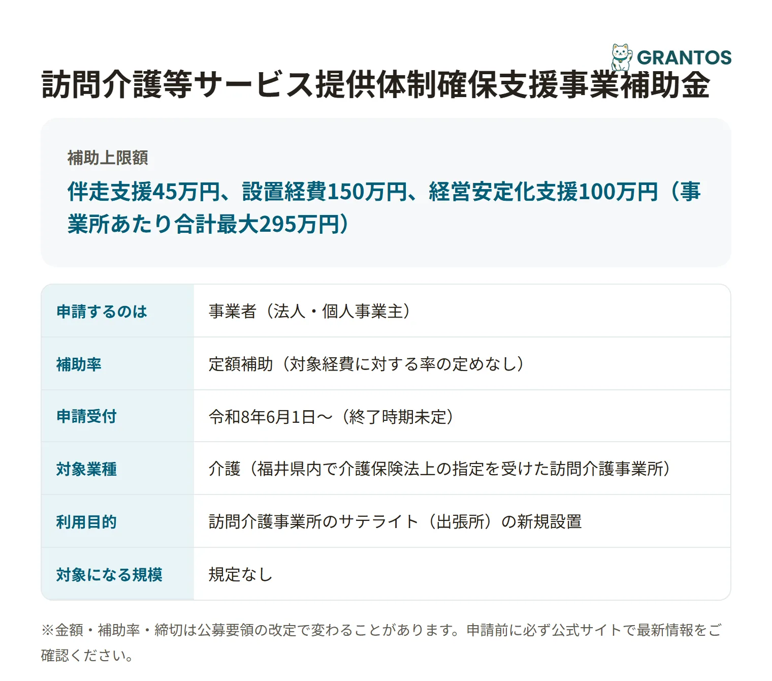 訪問介護等サービス提供体制確保支援事業補助金(サテライト設置支援)の対象・金額・締切の概要